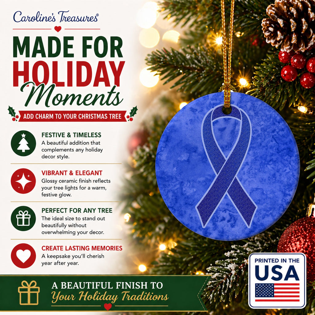 Dark Blue Ribbon for Colon Cancer Awareness Ceramic Ornament Christmas Tree Hanging Decorations for Home Christmas Holiday, Party, Gift, 3 in, Multicolor