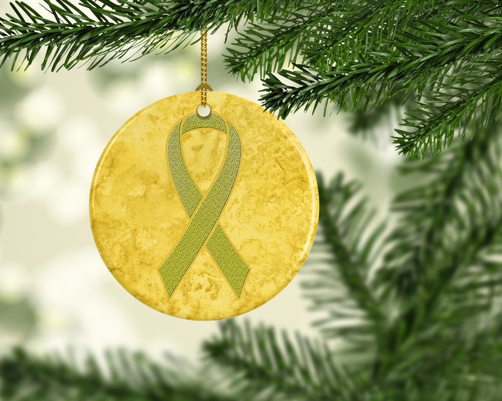 Yellow Ribbon for Sarcoma, Bone or Bladder Cancer Awareness Ceramic Ornament Christmas Tree Hanging Decorations for Home Christmas Holiday, Party, Gift, 3 in, Multicolor