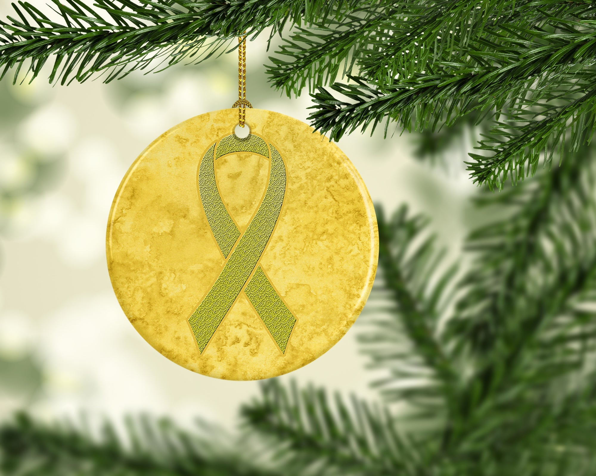 Yellow Ribbon for Sarcoma, Bone or Bladder Cancer Awareness Ceramic Ornament Christmas Tree Hanging Decorations for Home Christmas Holiday, Party, Gift, 3 in, Multicolor