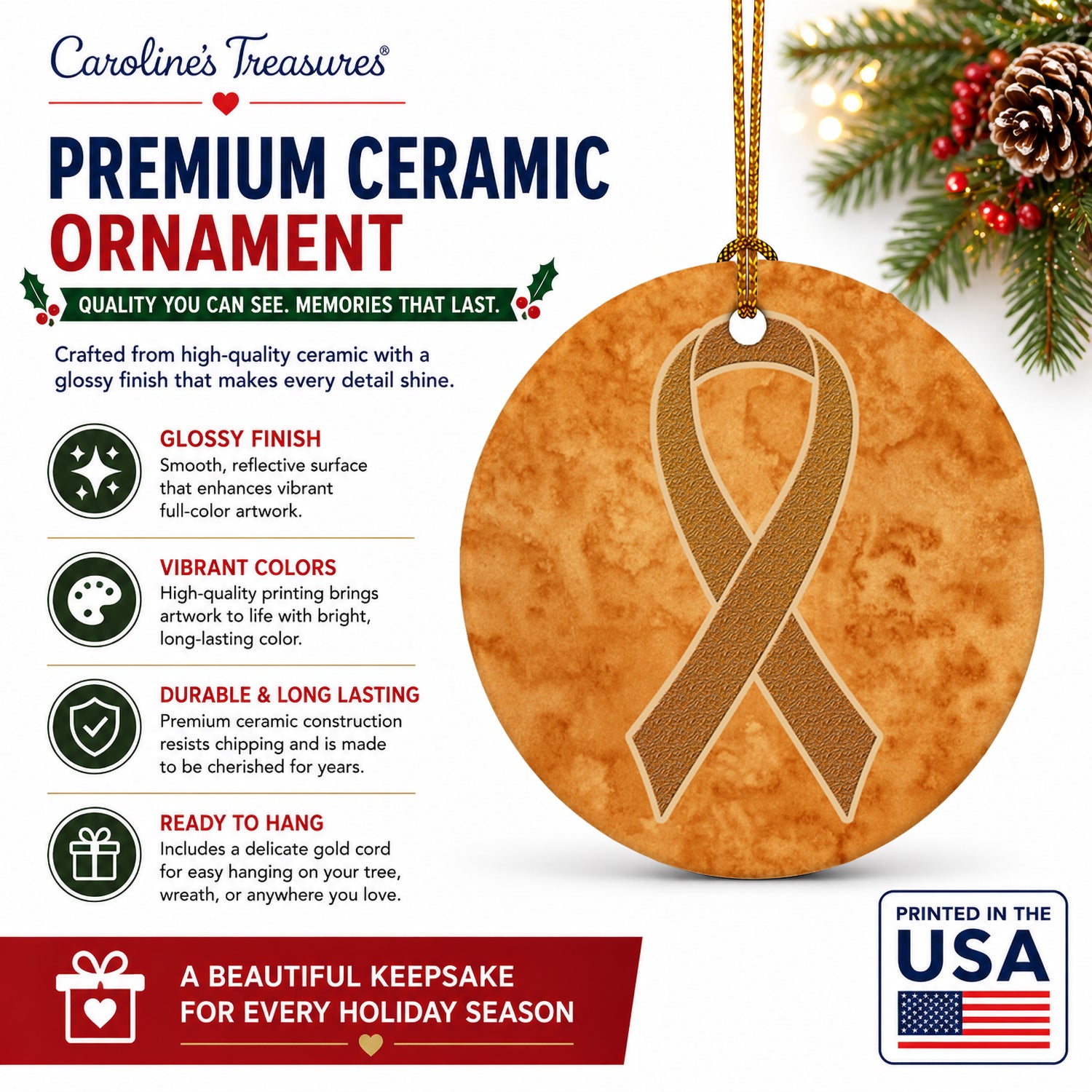 Orange Ribbon for Leukemia Awareness Ceramic Ornament Christmas Tree Hanging Decorations for Home Christmas Holiday, Party, Gift, 3 in, Multicolor