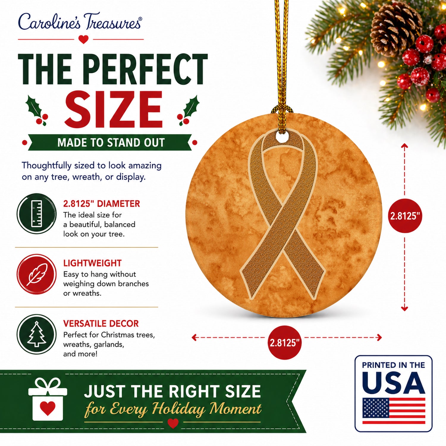 Orange Ribbon for Leukemia Awareness Ceramic Ornament Christmas Tree Hanging Decorations for Home Christmas Holiday, Party, Gift, 3 in, Multicolor