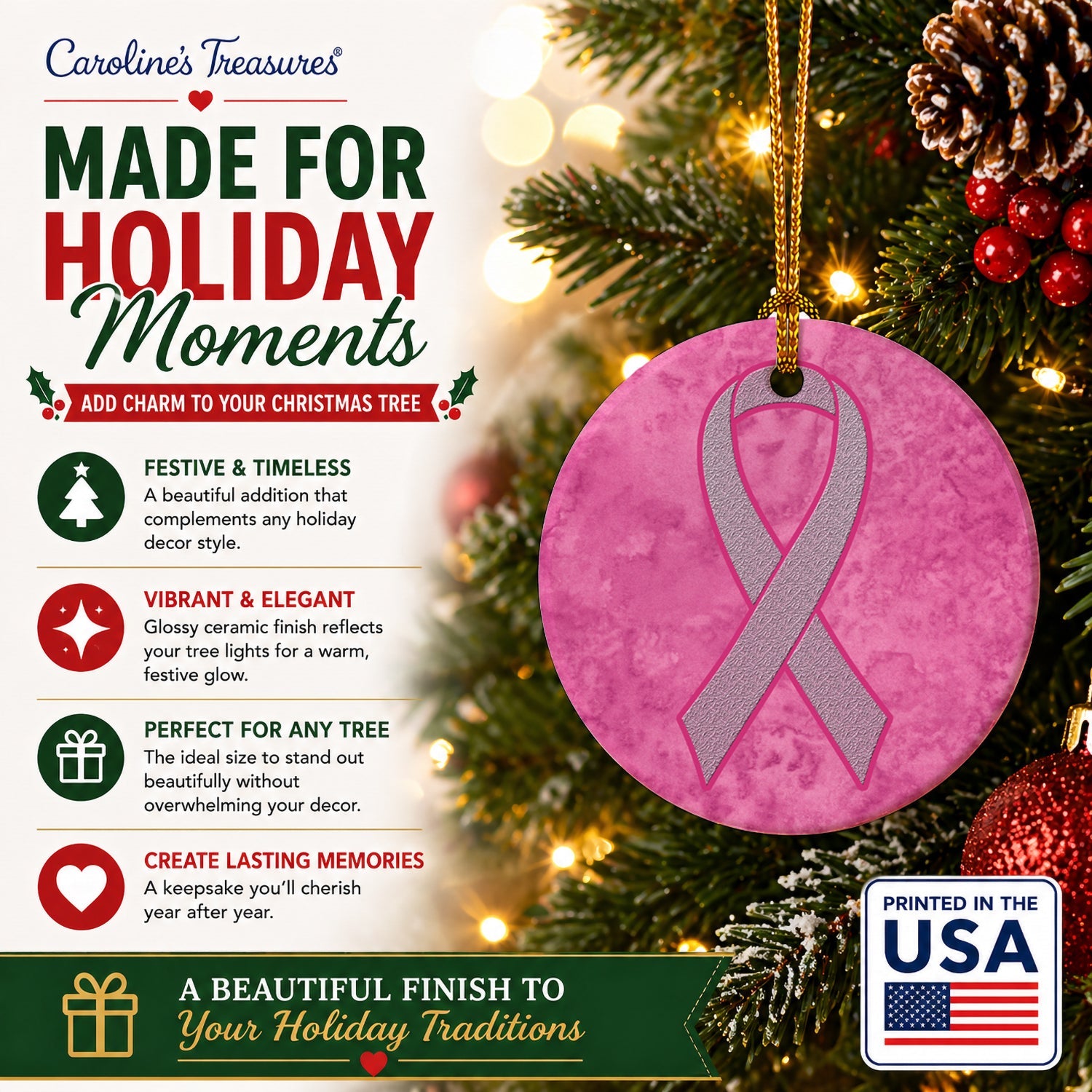 Pink Ribbon for Breast Cancer Awareness Ceramic Ornament Christmas Tree Hanging Decorations for Home Christmas Holiday, Party, Gift, 3 in, Multicolor