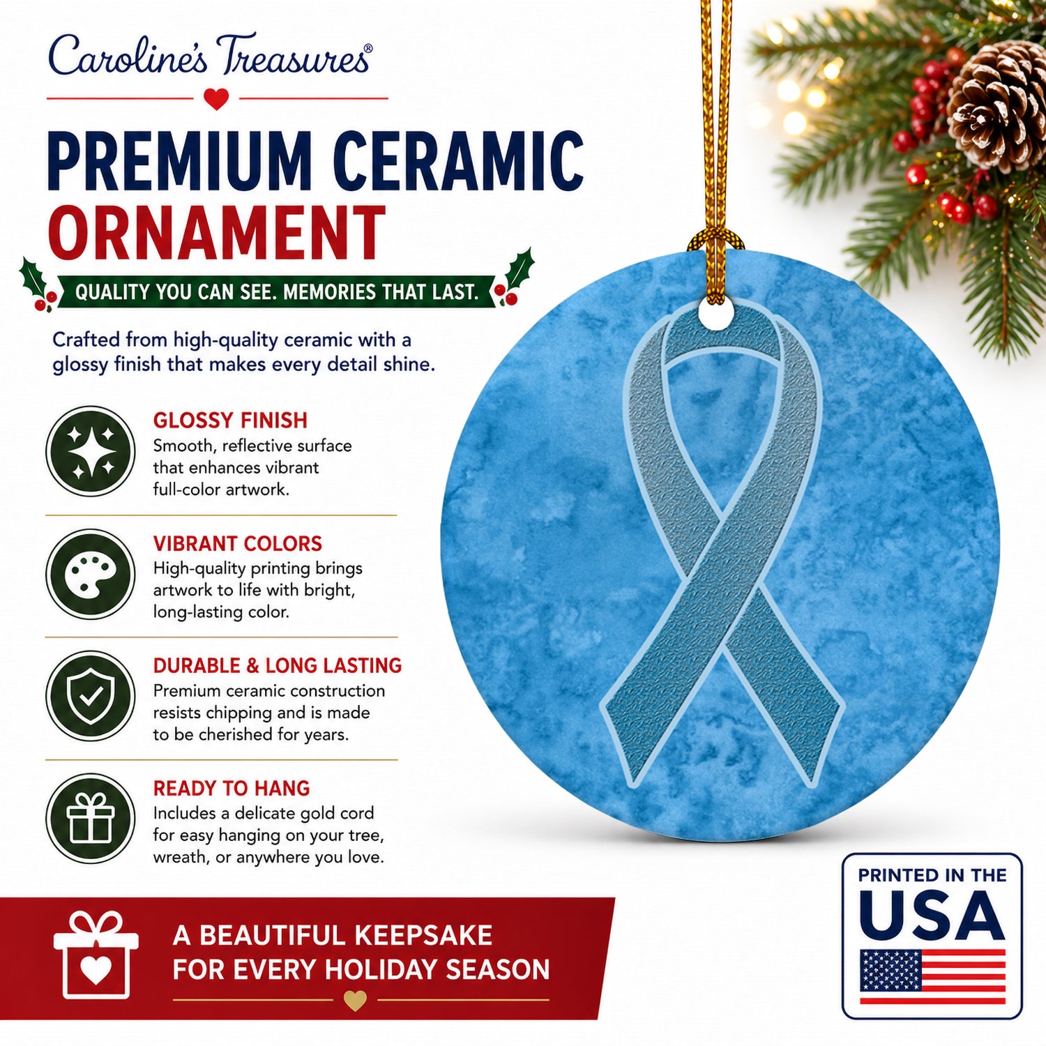 Blue Ribbon for Prostate Cancer Awareness Ceramic Ornament Christmas Tree Hanging Decorations for Home Christmas Holiday, Party, Gift, 3 in, Multicolor