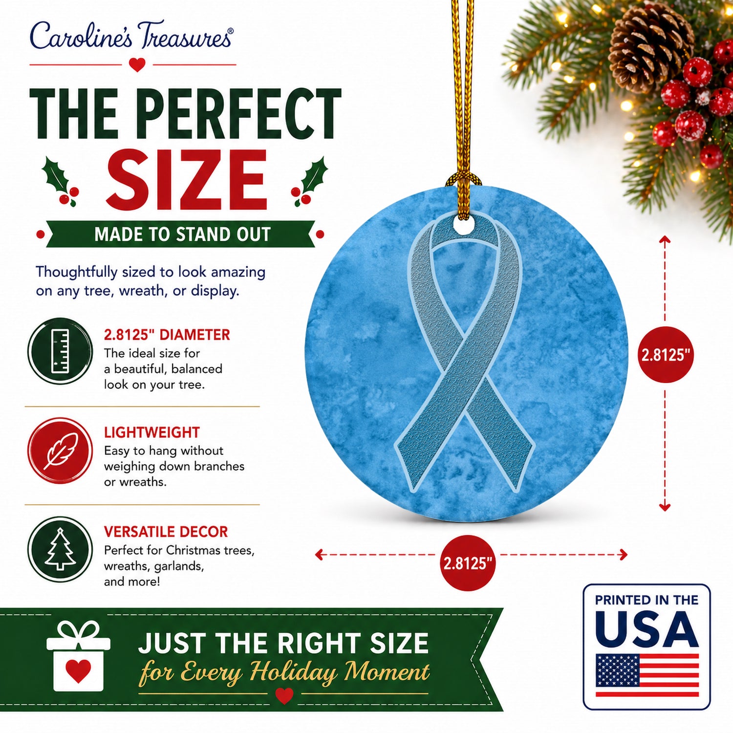 Blue Ribbon for Prostate Cancer Awareness Ceramic Ornament Christmas Tree Hanging Decorations for Home Christmas Holiday, Party, Gift, 3 in, Multicolor