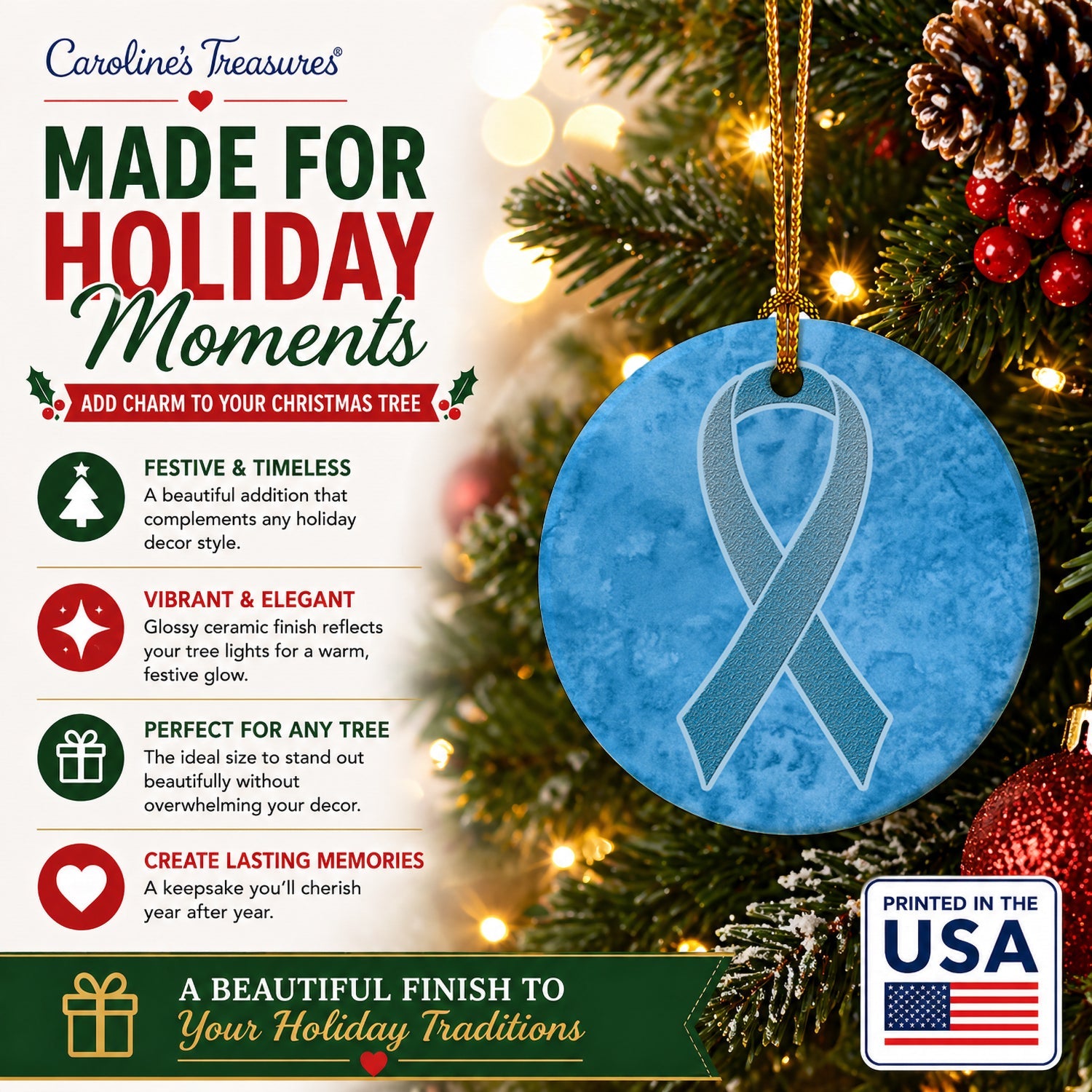 Blue Ribbon for Prostate Cancer Awareness Ceramic Ornament Christmas Tree Hanging Decorations for Home Christmas Holiday, Party, Gift, 3 in, Multicolor