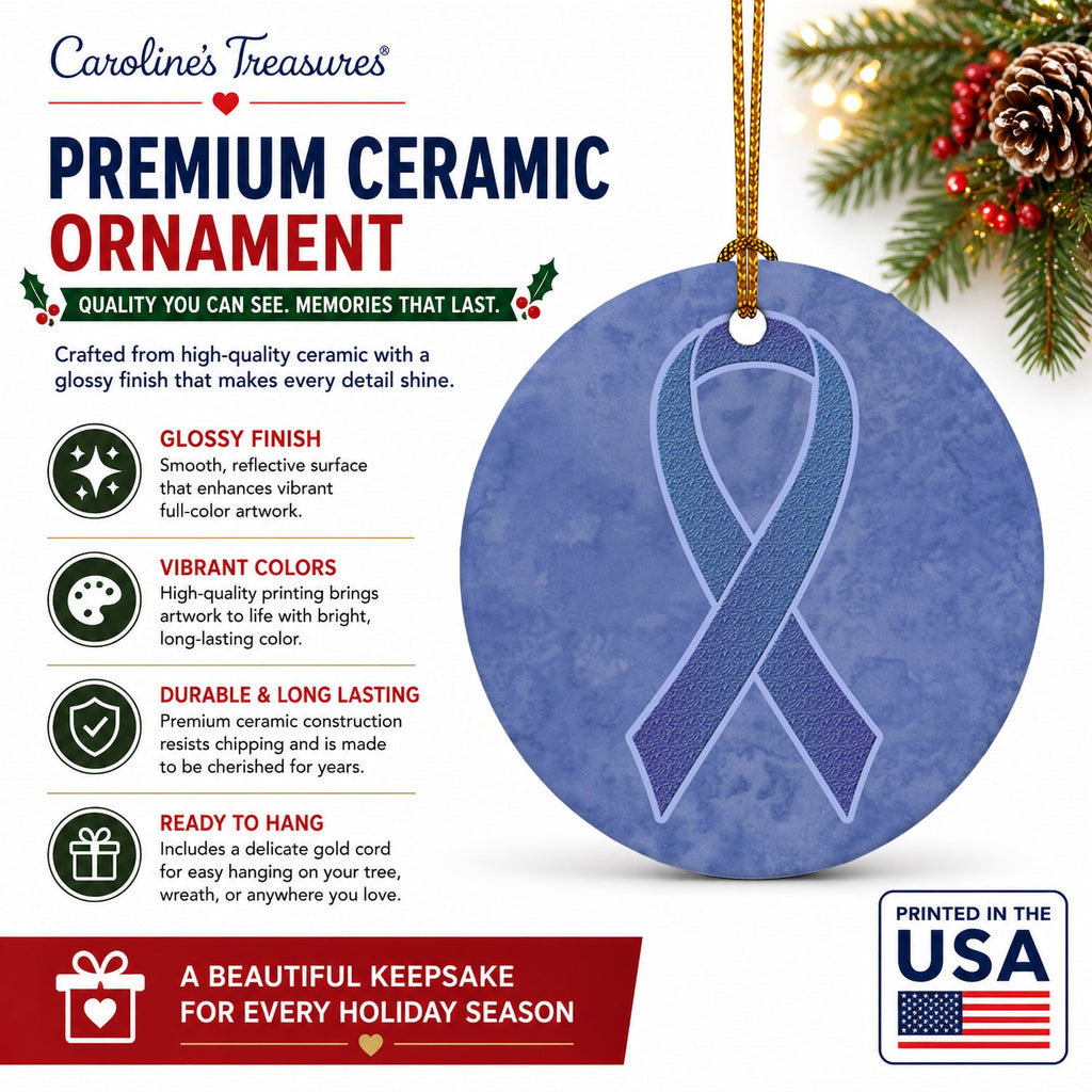 Periwinkle Blue Ribbon for Esophageal and Stomach Cancer Awareness Ceramic Ornament Christmas Tree Hanging Decorations for Home Christmas Holiday, Party, Gift, 3 in, Multicolor