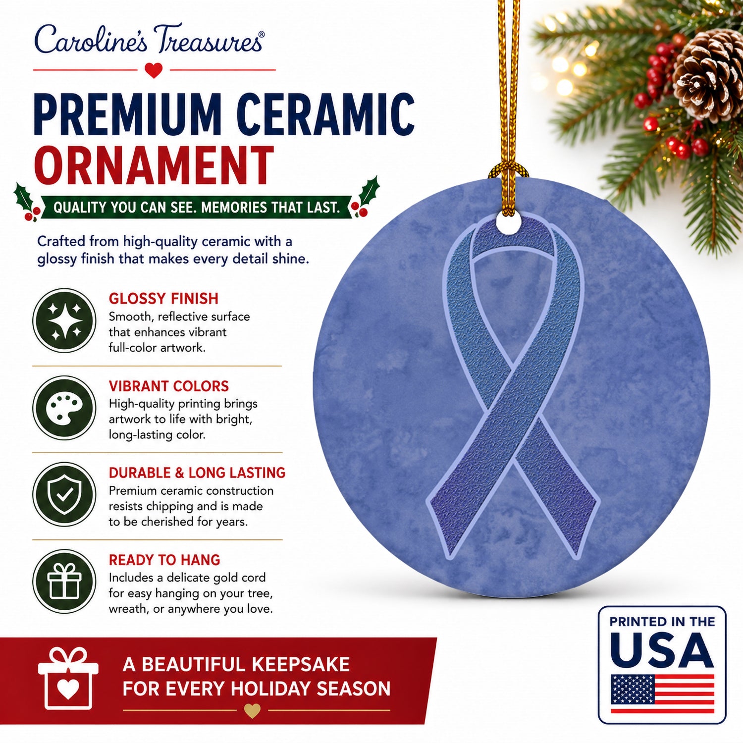 Periwinkle Blue Ribbon for Esophageal and Stomach Cancer Awareness Ceramic Ornament Christmas Tree Hanging Decorations for Home Christmas Holiday, Party, Gift, 3 in, Multicolor