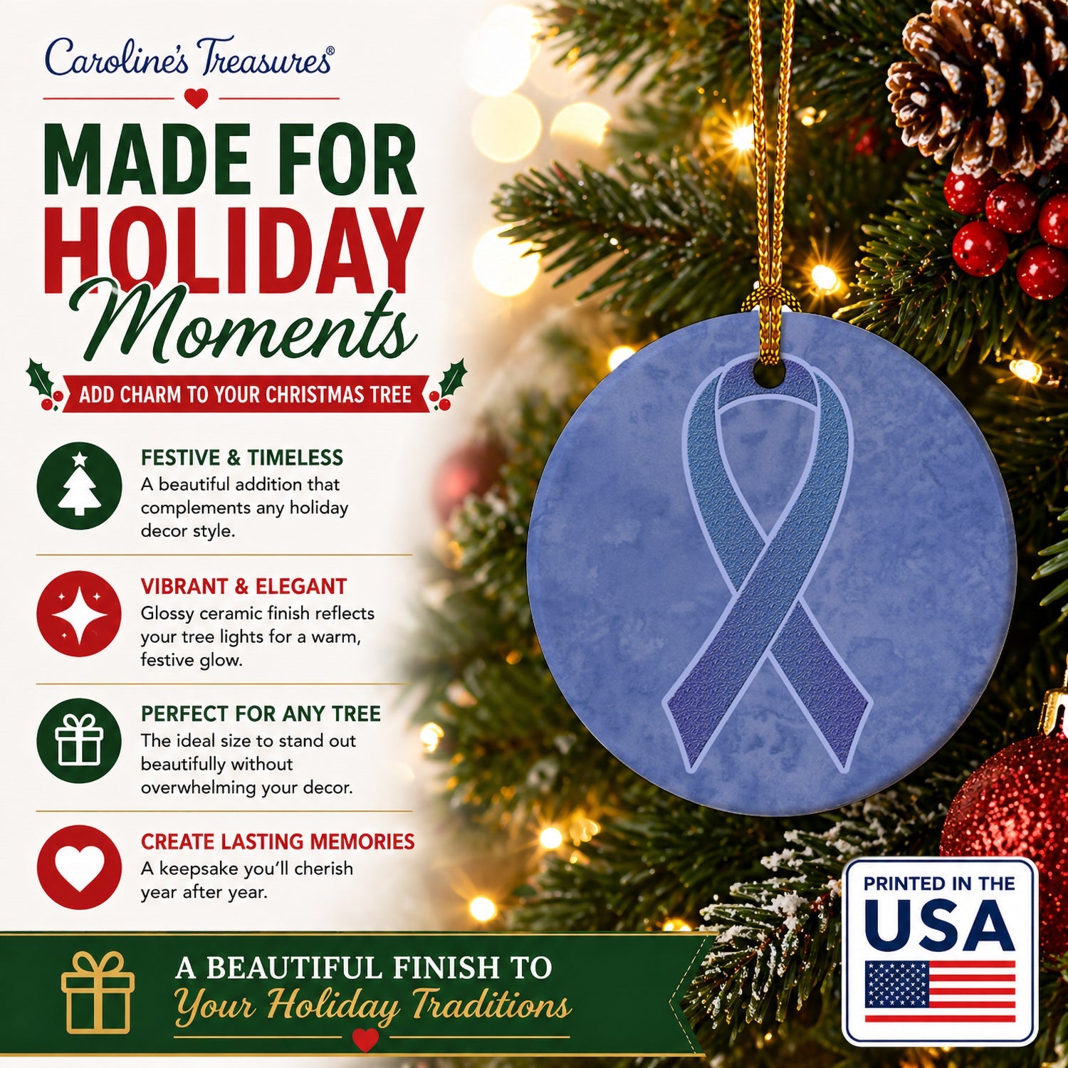 Periwinkle Blue Ribbon for Esophageal and Stomach Cancer Awareness Ceramic Ornament Christmas Tree Hanging Decorations for Home Christmas Holiday, Party, Gift, 3 in, Multicolor