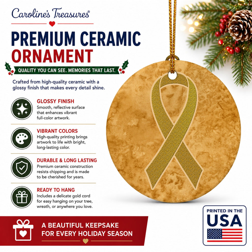 Gold Ribbon for Childhood Cancers Awareness Ceramic Ornament Christmas Tree Hanging Decorations for Home Christmas Holiday, Party, Gift, 3 in, Multicolor