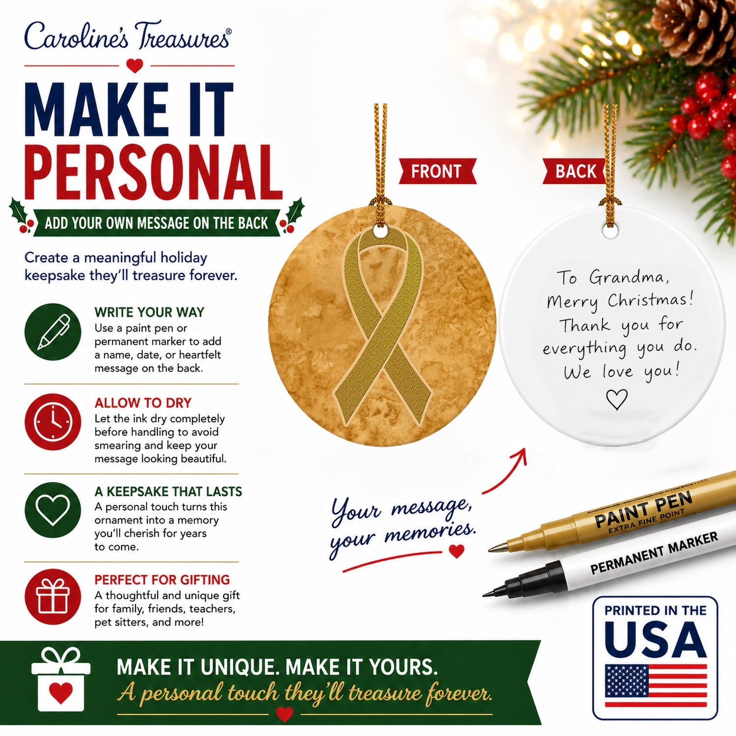Gold Ribbon for Childhood Cancers Awareness Ceramic Ornament Christmas Tree Hanging Decorations for Home Christmas Holiday, Party, Gift, 3 in, Multicolor
