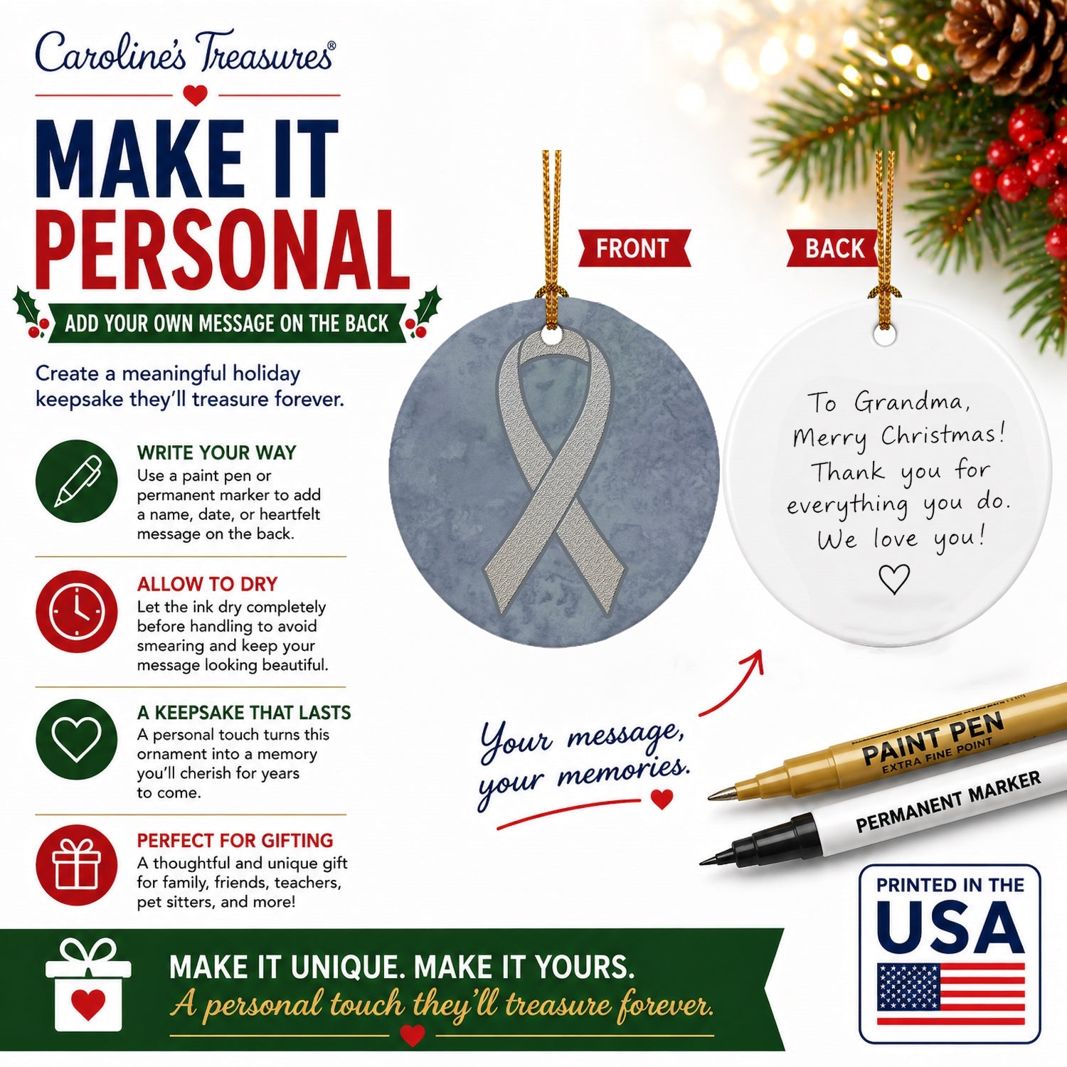 Clear Ribbon for Lung Cancer Awareness Ceramic Ornament Christmas Tree Hanging Decorations for Home Christmas Holiday, Party, Gift, 3 in, Multicolor