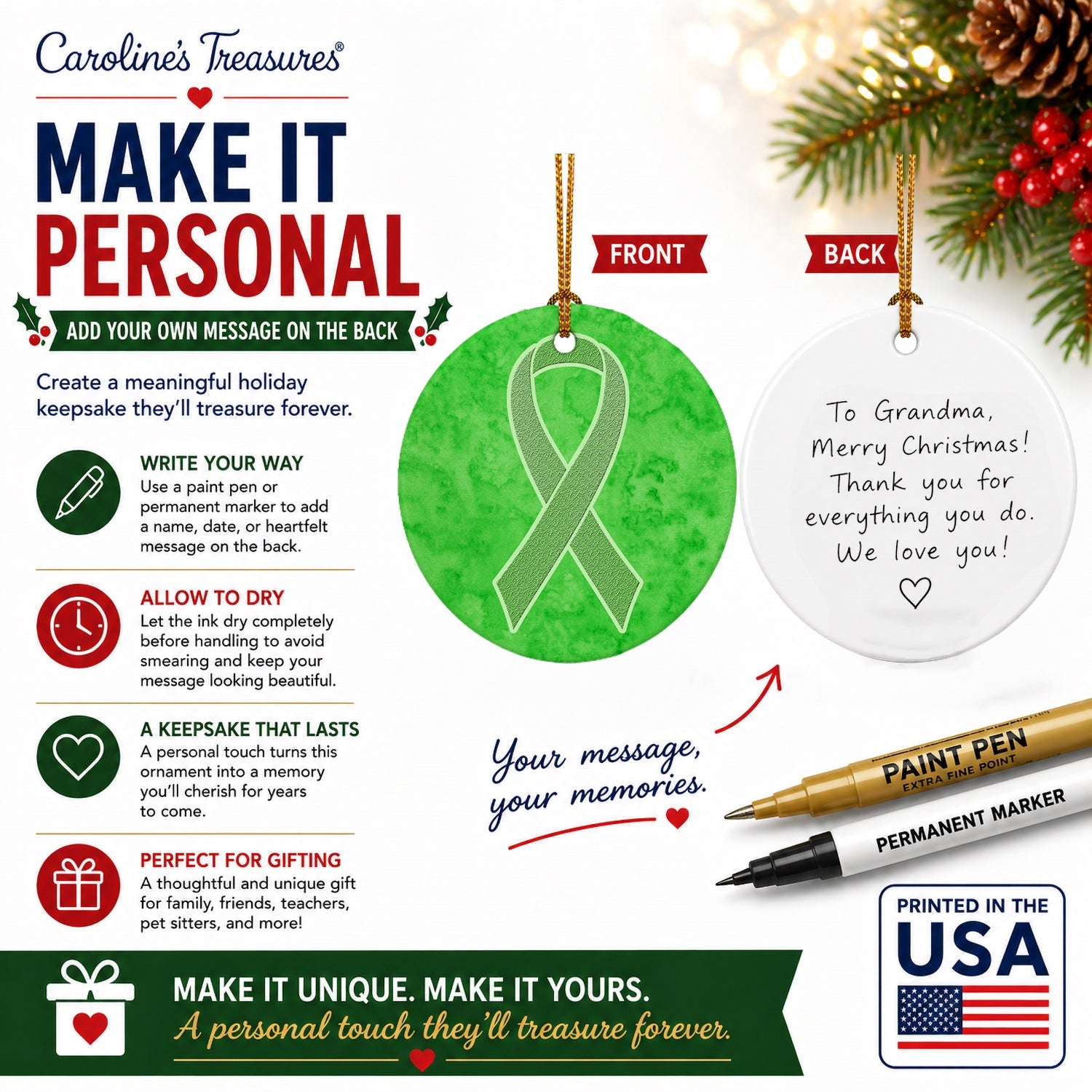 Lime Green Ribbon for Lymphoma Cancer Awareness Ceramic Ornament Christmas Tree Hanging Decorations for Home Christmas Holiday, Party, Gift, 3 in, Multicolor