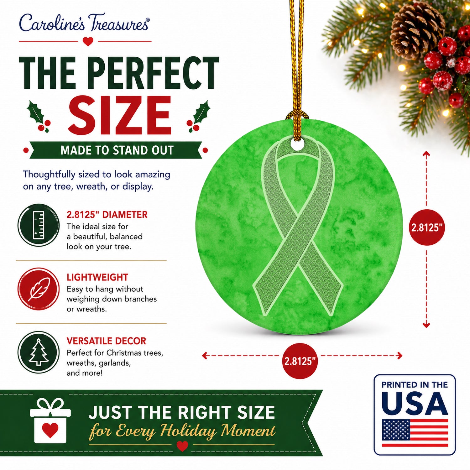 Lime Green Ribbon for Lymphoma Cancer Awareness Ceramic Ornament Christmas Tree Hanging Decorations for Home Christmas Holiday, Party, Gift, 3 in, Multicolor