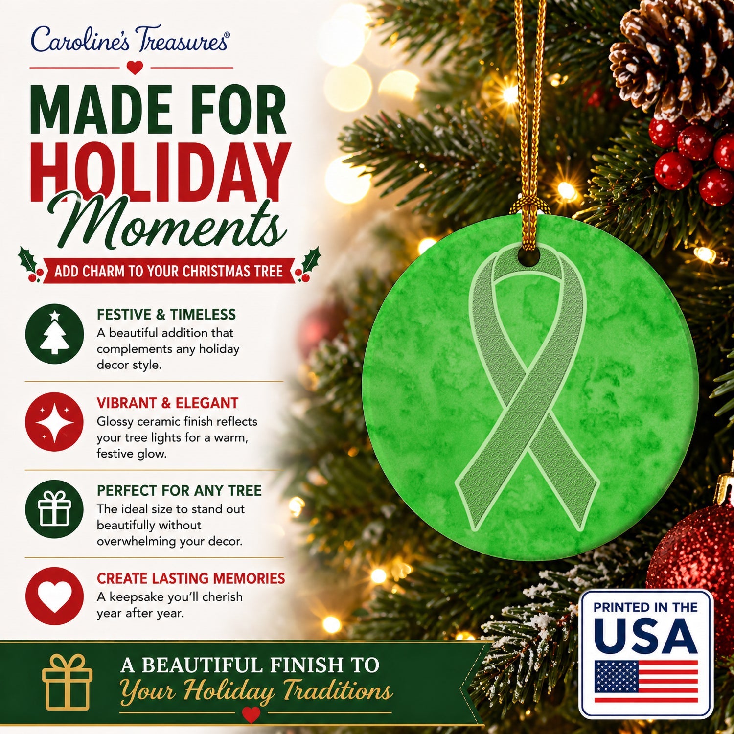 Lime Green Ribbon for Lymphoma Cancer Awareness Ceramic Ornament Christmas Tree Hanging Decorations for Home Christmas Holiday, Party, Gift, 3 in, Multicolor