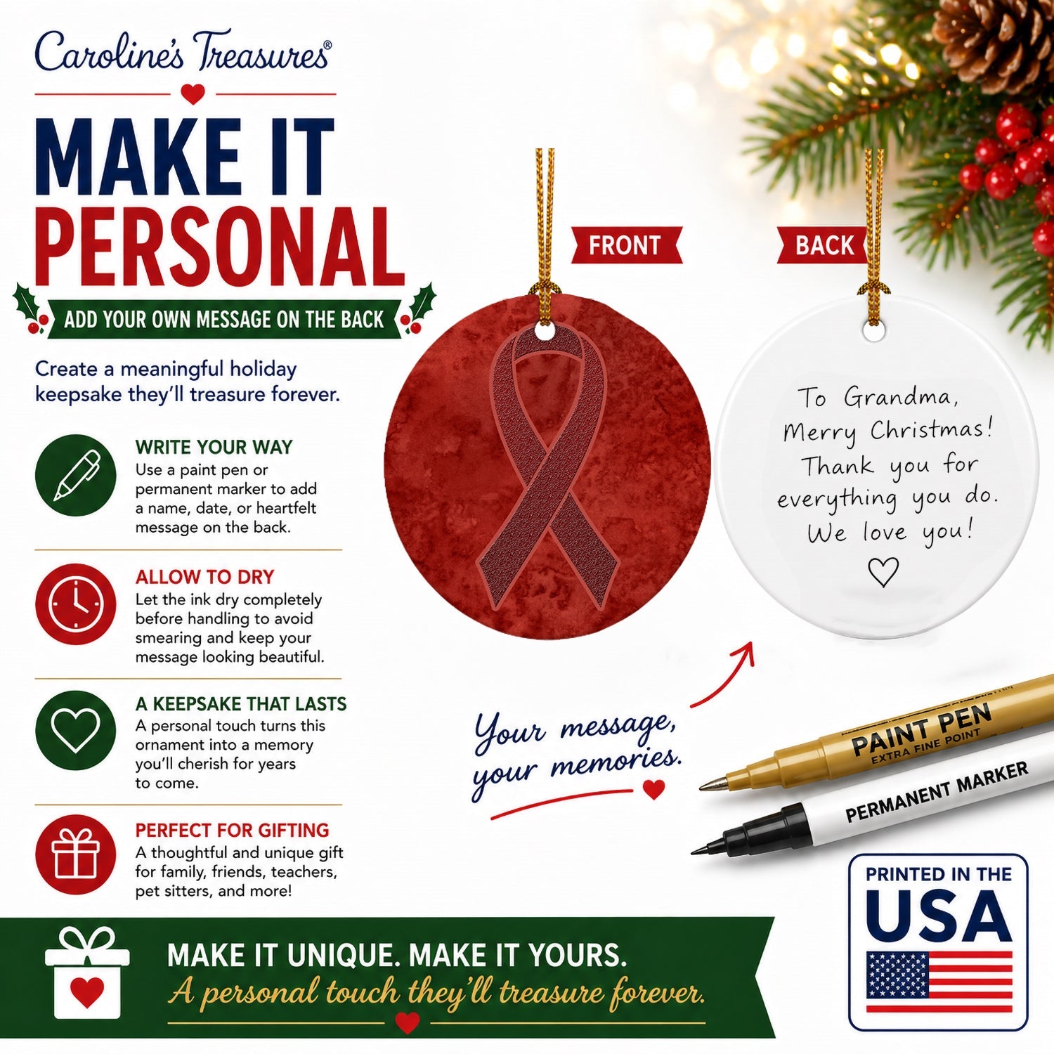Burgundy Ribbon for Multiple Myeloma Cancer Awareness Ceramic Ornament Christmas Tree Hanging Decorations for Home Christmas Holiday, Party, Gift, 3 in, Multicolor
