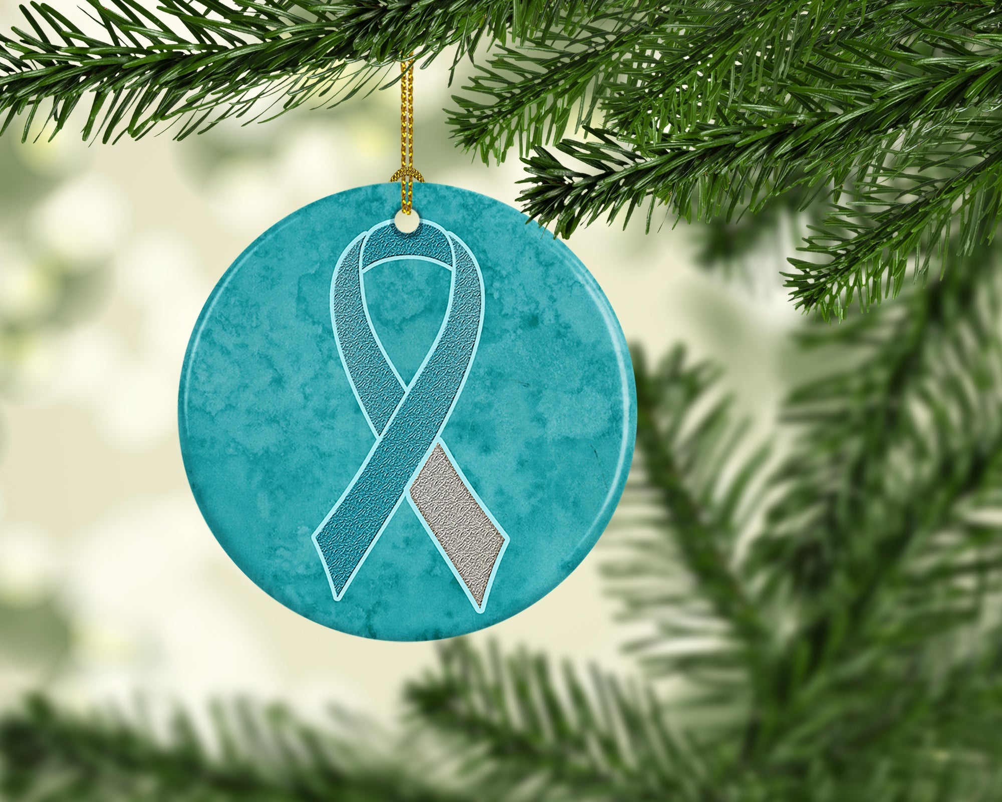 Teal and White Ribbon for Cervical Cancer Awareness Ceramic Ornament Christmas Tree Hanging Decorations for Home Christmas Holiday, Party, Gift, 3 in, Multicolor