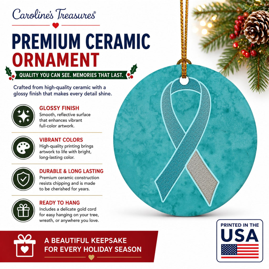 Teal and White Ribbon for Cervical Cancer Awareness Ceramic Ornament Christmas Tree Hanging Decorations for Home Christmas Holiday, Party, Gift, 3 in, Multicolor