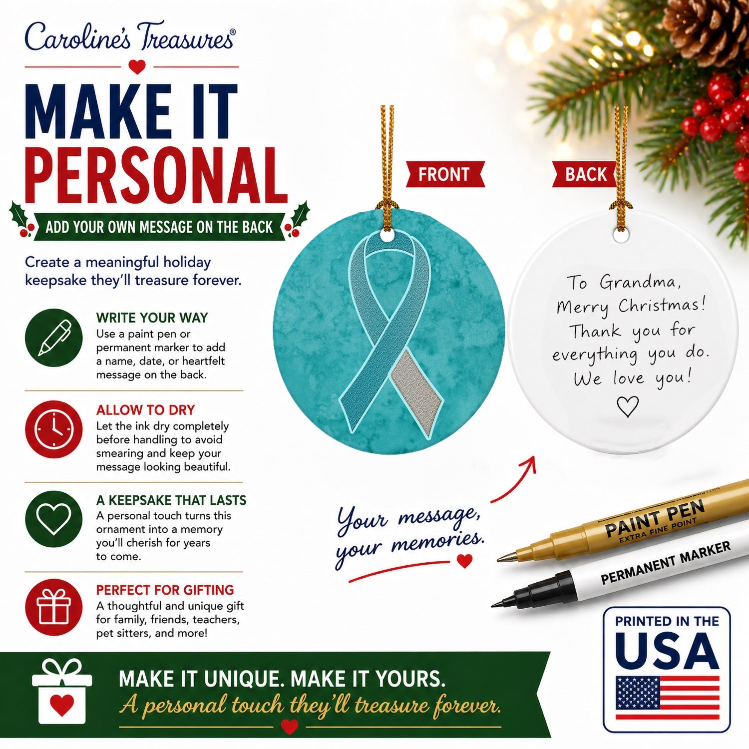 Teal and White Ribbon for Cervical Cancer Awareness Ceramic Ornament Christmas Tree Hanging Decorations for Home Christmas Holiday, Party, Gift, 3 in, Multicolor