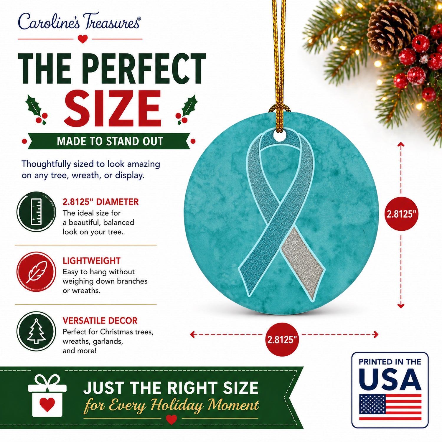Teal and White Ribbon for Cervical Cancer Awareness Ceramic Ornament Christmas Tree Hanging Decorations for Home Christmas Holiday, Party, Gift, 3 in, Multicolor