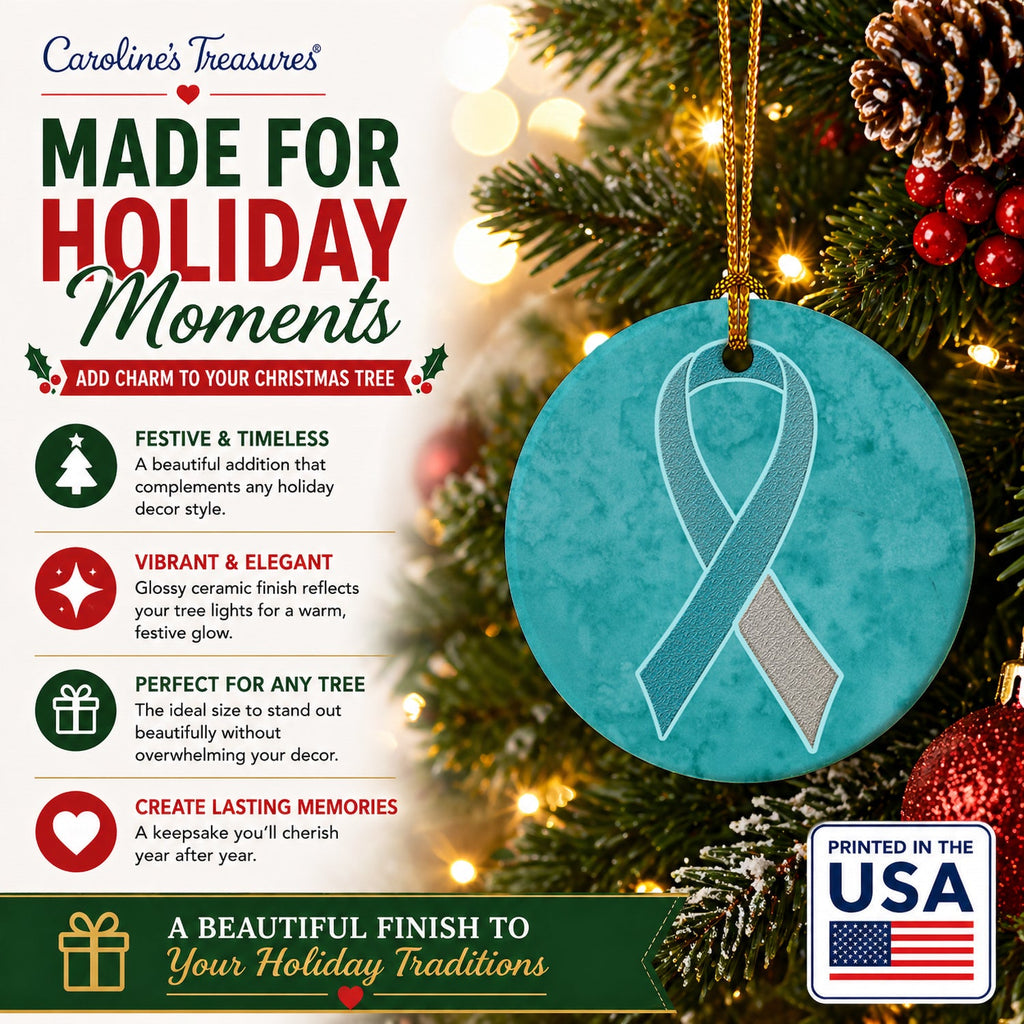 Teal and White Ribbon for Cervical Cancer Awareness Ceramic Ornament Christmas Tree Hanging Decorations for Home Christmas Holiday, Party, Gift, 3 in, Multicolor