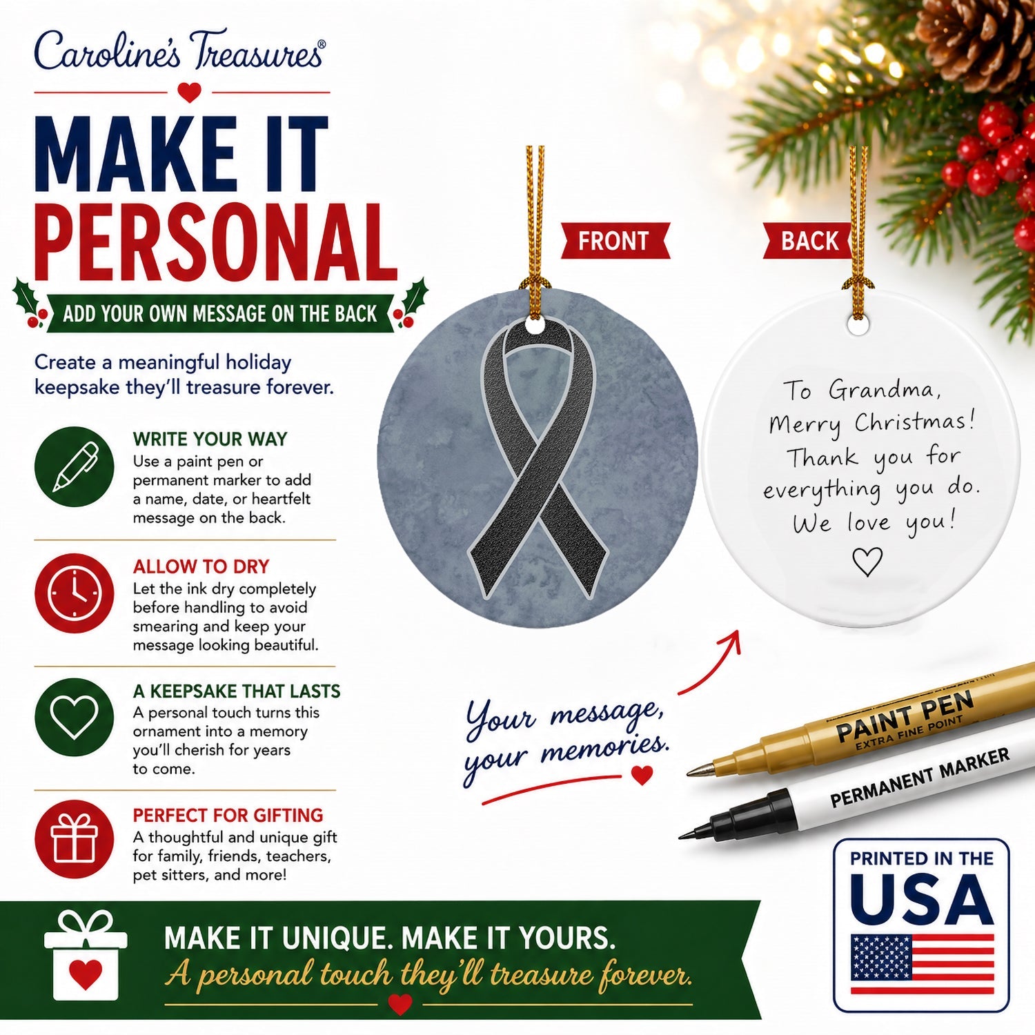 Black Ribbon for Melanoma Cancer Awareness Ceramic Ornament Christmas Tree Hanging Decorations for Home Christmas Holiday, Party, Gift, 3 in, Multicolor