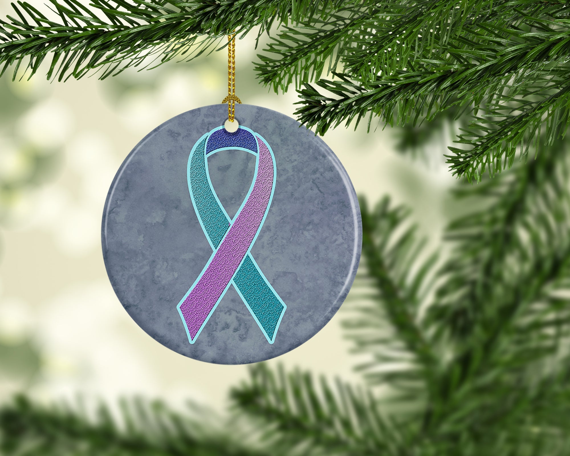 Teal, Pink and Blue Ribbon for Thyroid Cancer Awareness Ceramic Ornament Christmas Tree Hanging Decorations for Home Christmas Holiday, Party, Gift, 3 in, Multicolor