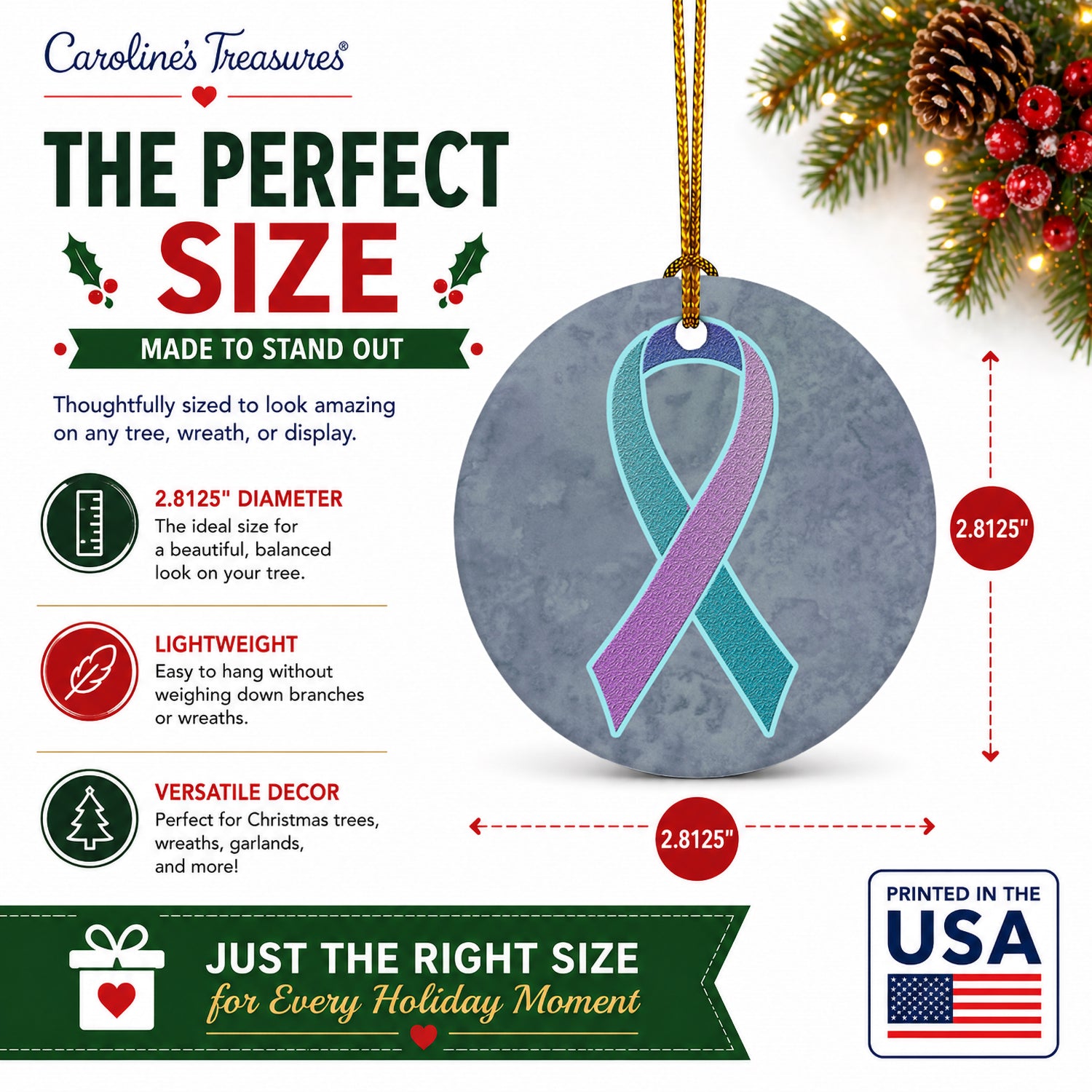 Teal, Pink and Blue Ribbon for Thyroid Cancer Awareness Ceramic Ornament Christmas Tree Hanging Decorations for Home Christmas Holiday, Party, Gift, 3 in, Multicolor