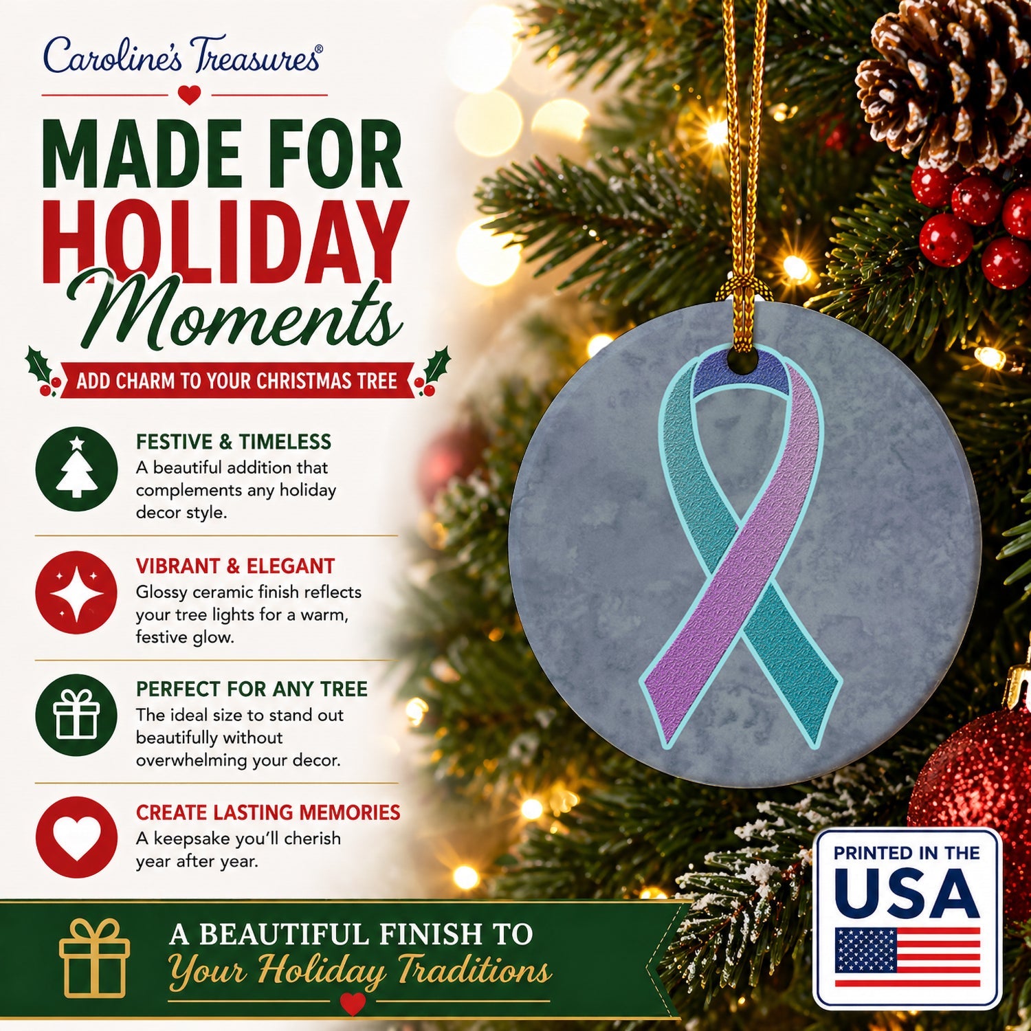 Teal, Pink and Blue Ribbon for Thyroid Cancer Awareness Ceramic Ornament Christmas Tree Hanging Decorations for Home Christmas Holiday, Party, Gift, 3 in, Multicolor