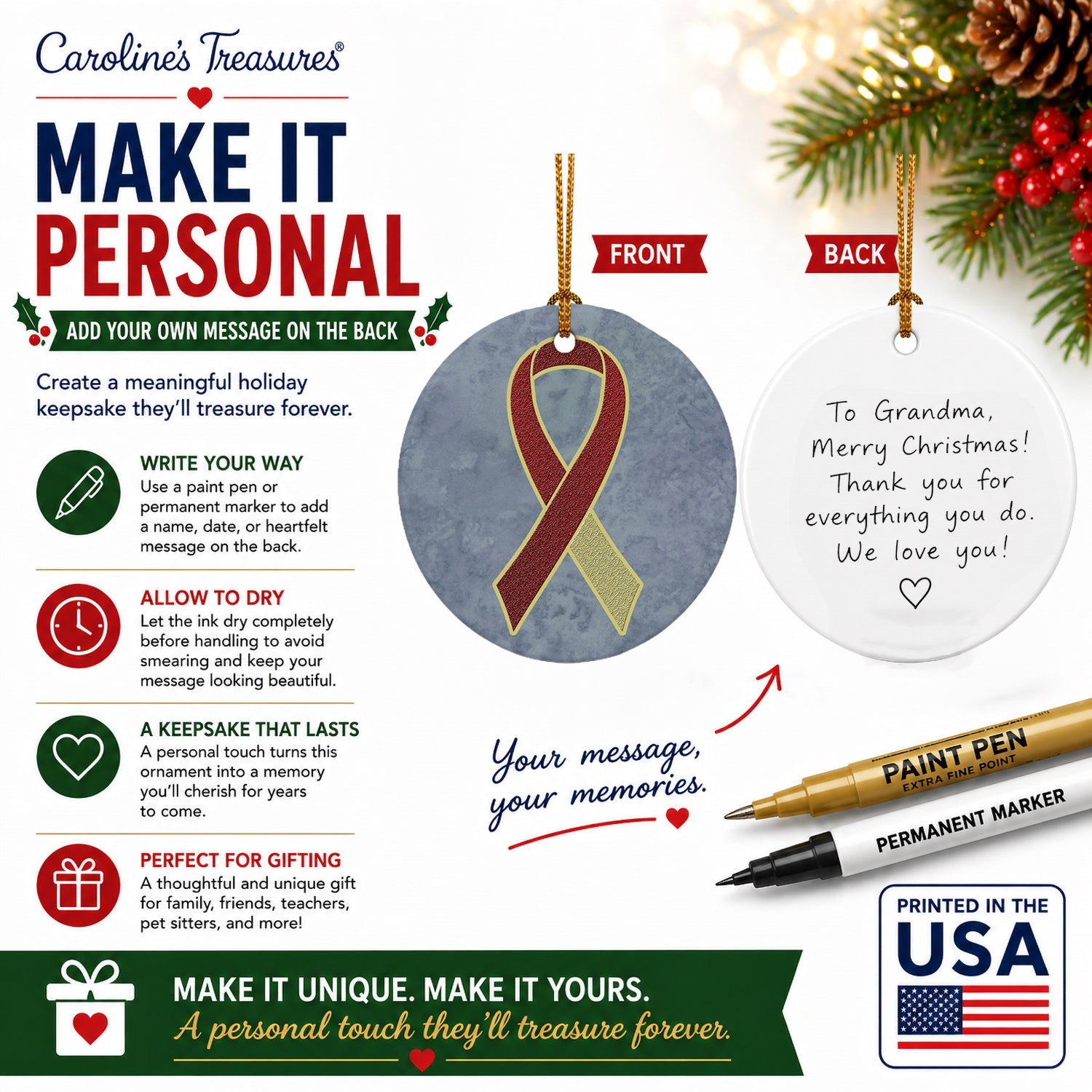 Burgundy and Ivory Ribbon for Head and Neck Cancer Awareness Ceramic Ornament Christmas Tree Hanging Decorations for Home Christmas Holiday, Party, Gift, 3 in, Multicolor