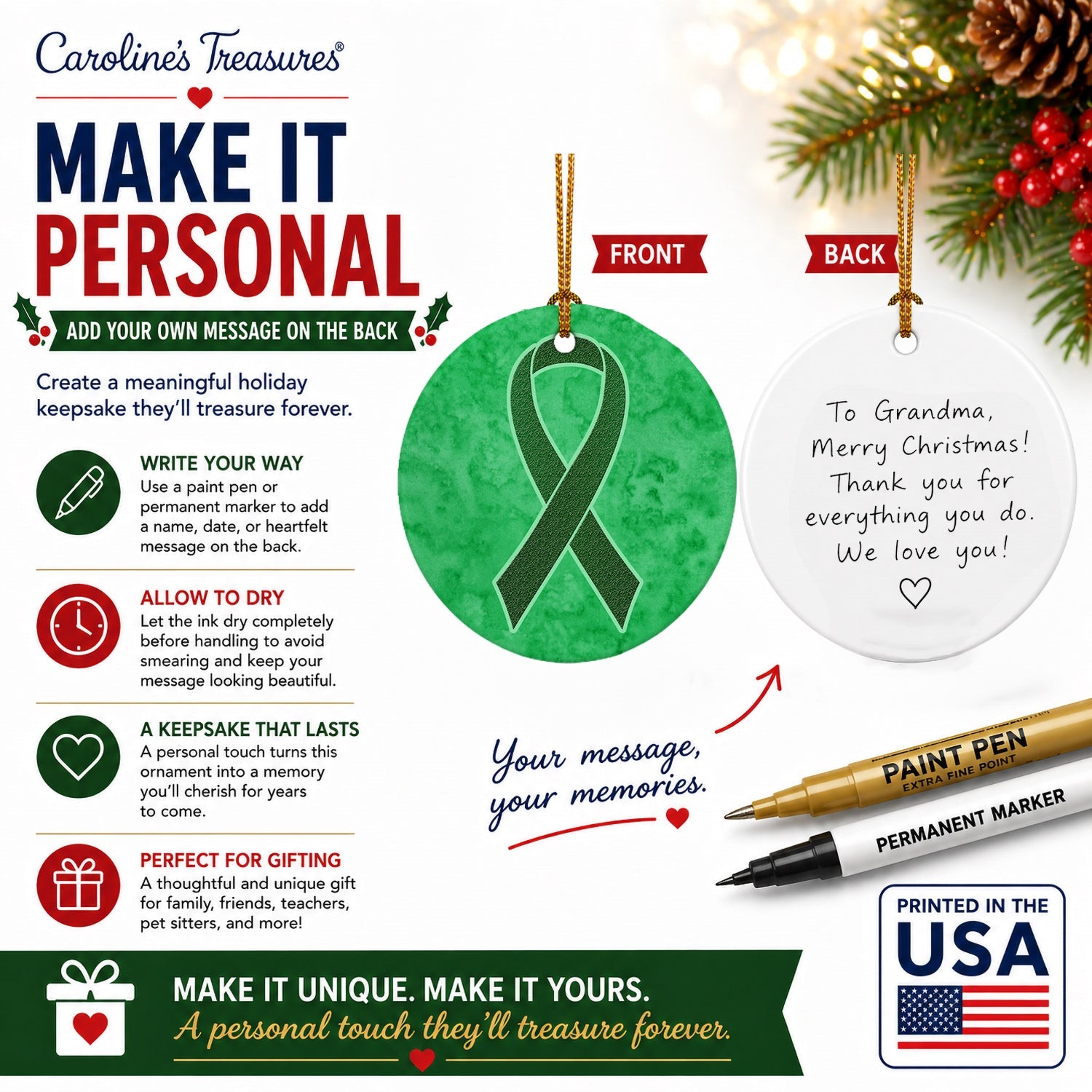 Emerald Green Ribbon for Liver Cancer Awareness Ceramic Ornament Christmas Tree Hanging Decorations for Home Christmas Holiday, Party, Gift, 3 in, Multicolor