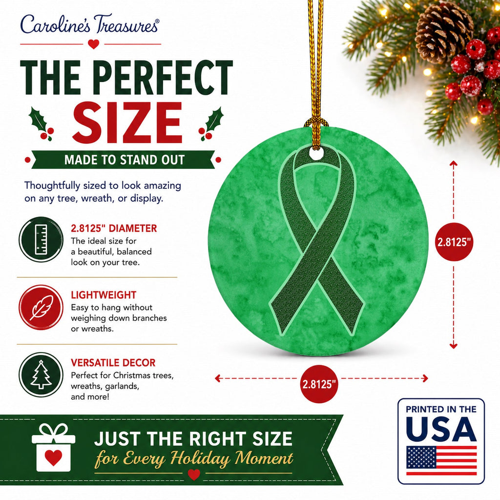 Emerald Green Ribbon for Liver Cancer Awareness Ceramic Ornament Christmas Tree Hanging Decorations for Home Christmas Holiday, Party, Gift, 3 in, Multicolor