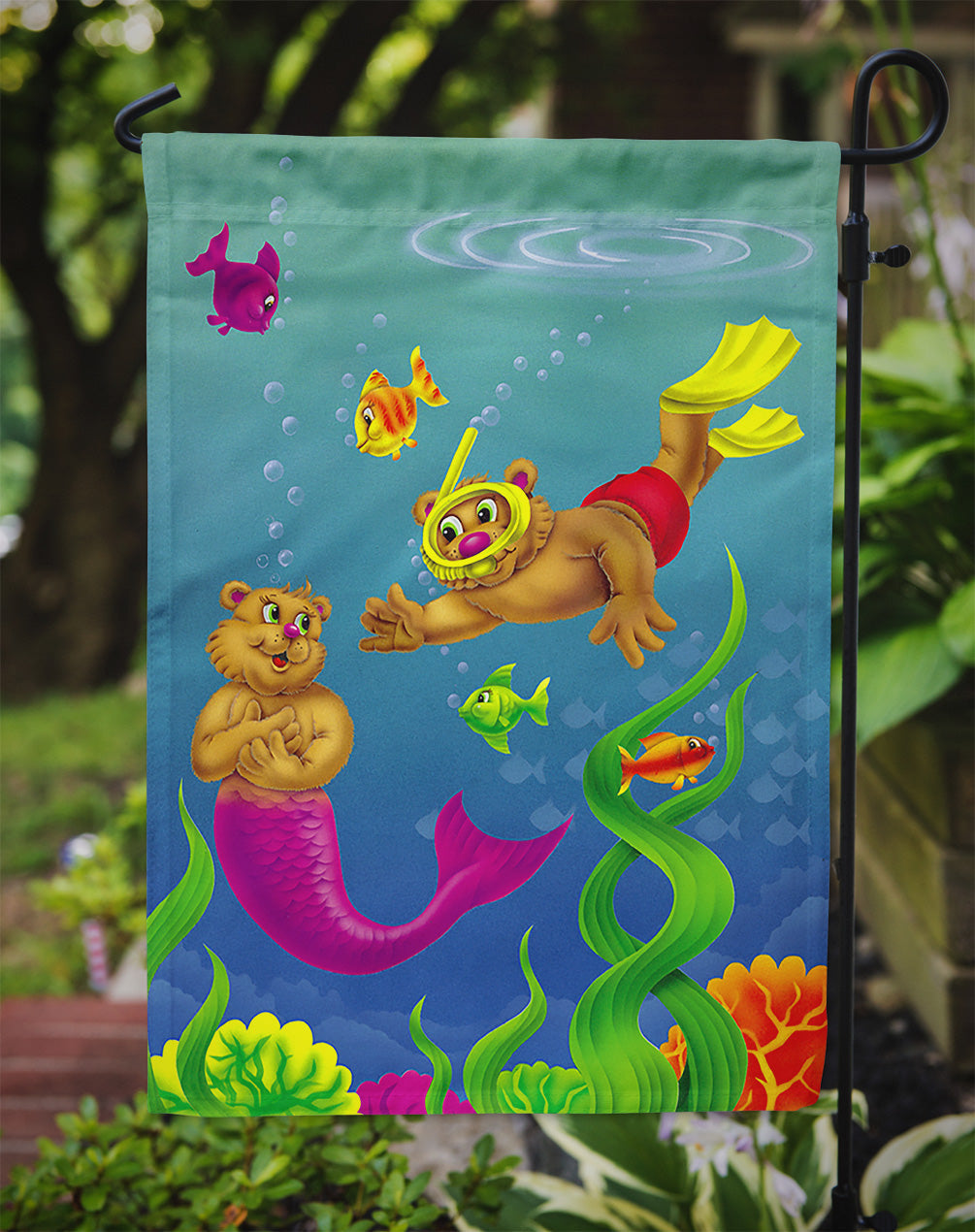 Teddy Bear Mermaid and Diver Garden Flag Mailbox Decorative Yard Banner Outside Patio Artwork for Flower Beds, Garden Size, Multicolor