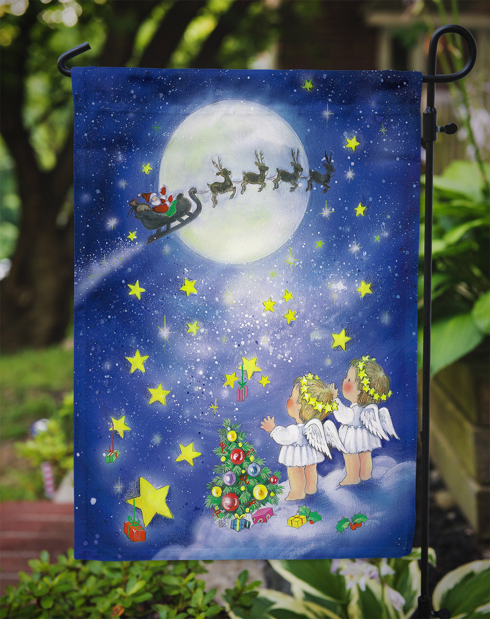 Angels watching Santa Claus Garden Flag Mailbox Decorative Yard Banner Outside Patio Artwork for Flower Beds, Garden Size, Multicolor