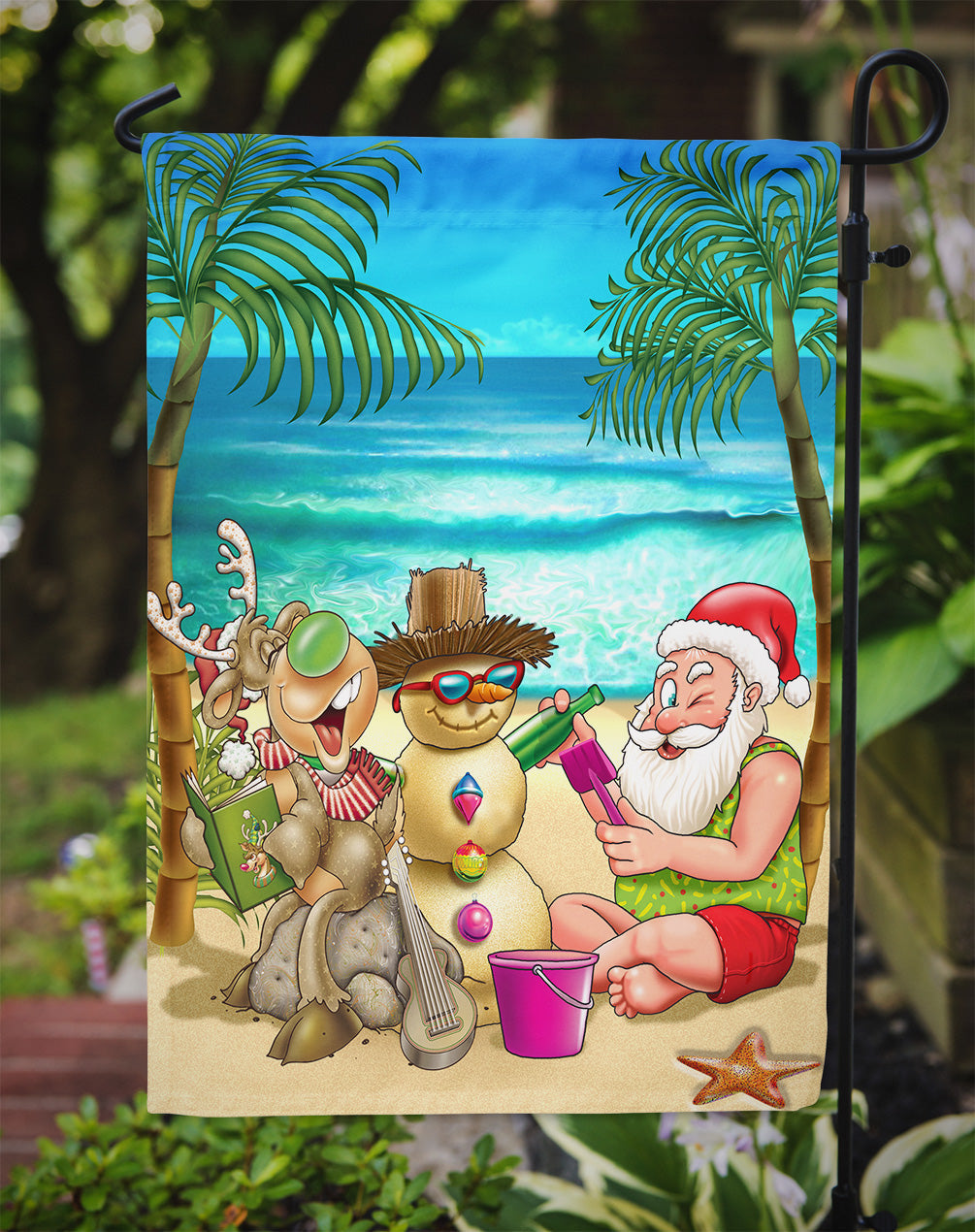 Beach Christmas Santa Claus and Sandman Garden Flag Mailbox Decorative Yard Banner Outside Patio Artwork for Flower Beds, Garden Size, Multicolor
