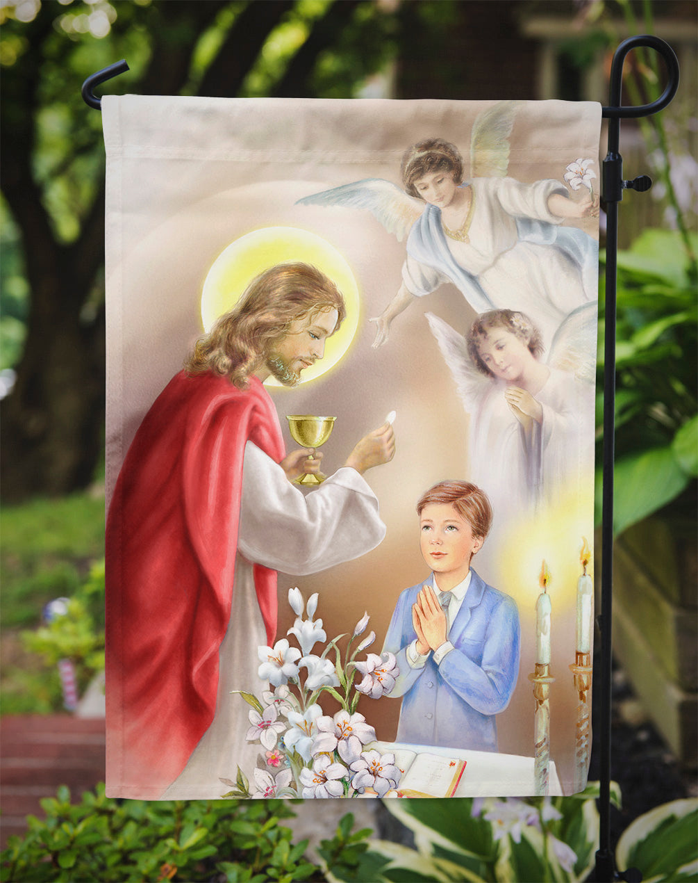First Communion Boy Garden Flag Mailbox Decorative Yard Banner Outside Patio Artwork for Flower Beds, Garden Size, Multicolor
