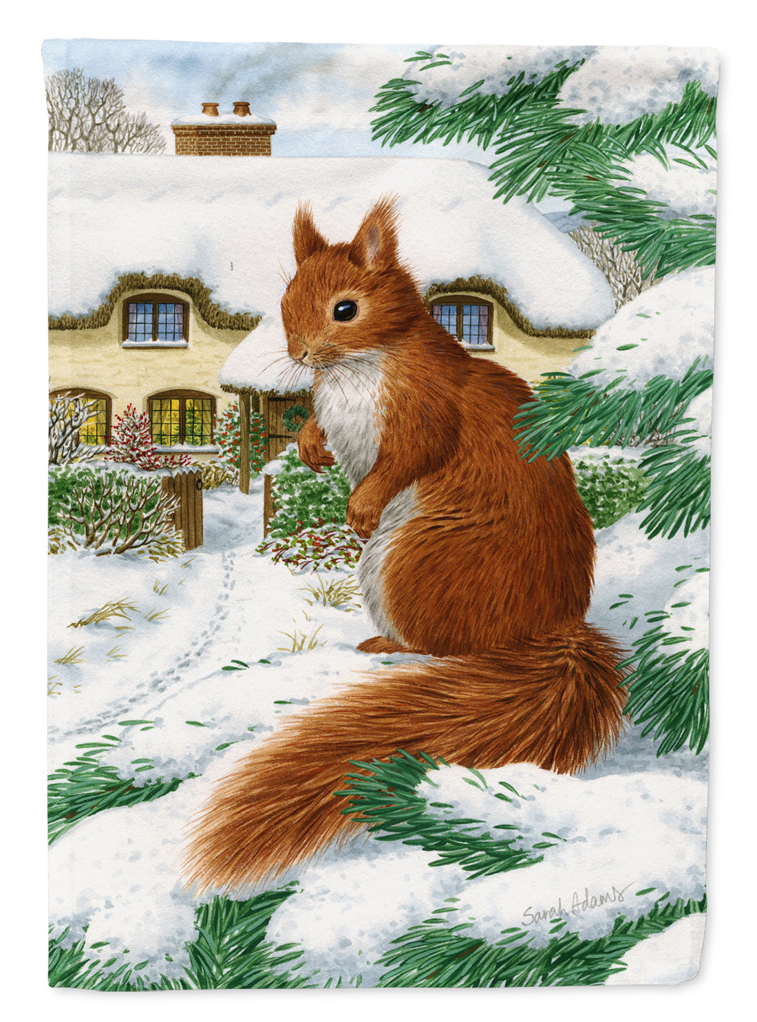 Red Squirrel & Cottage House Flag 28x40 Porch Sleeve Pole Decorative Outside Yard Banner Artwork Wall Hanging, Polyester