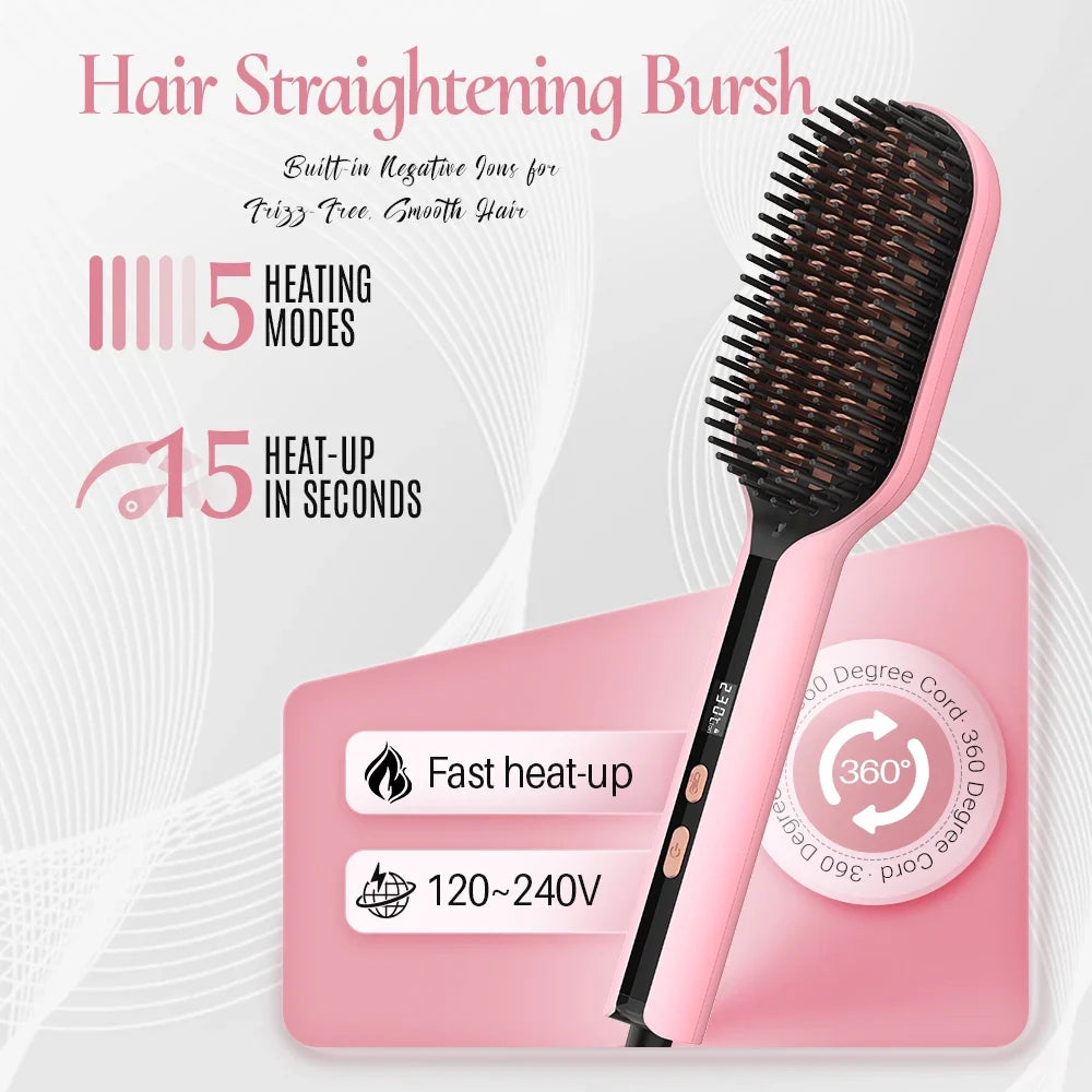 Electric Hair Straightening Brush, 45s Fast Heat-Up, 5 Temp Modes Hot Straightener Comb, 360° Swivel Cord, Smooth Hair, 120-240V