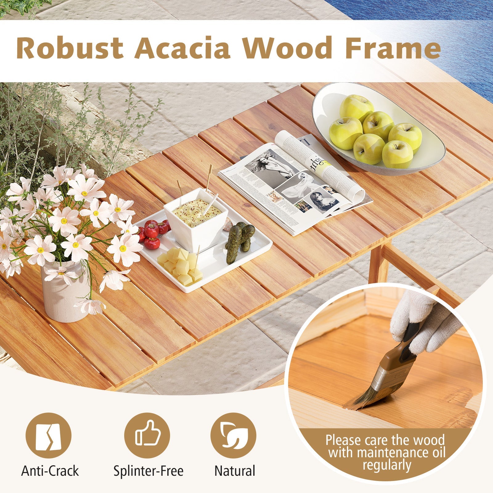 Acacia Wood Counter Height Table with Slatted Tabletop and Footrest Crossbar