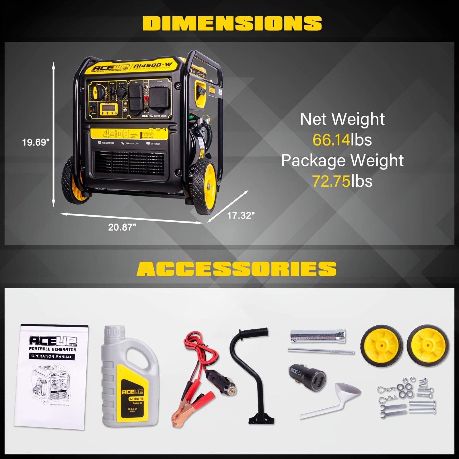 Aceup Energy 4500 Watt Gas Powered Generator, Inverter Portable Generator 223cc