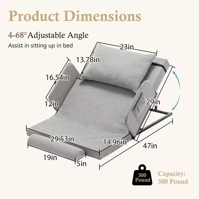 Adjustable Bed Backrest With Safety Rails - 300 Lbs Capacity, 4-68° Lift Range, Machine Washable Cover - Ideal For Elderly, Pregnancy, Patient Care & Mobility Assistance