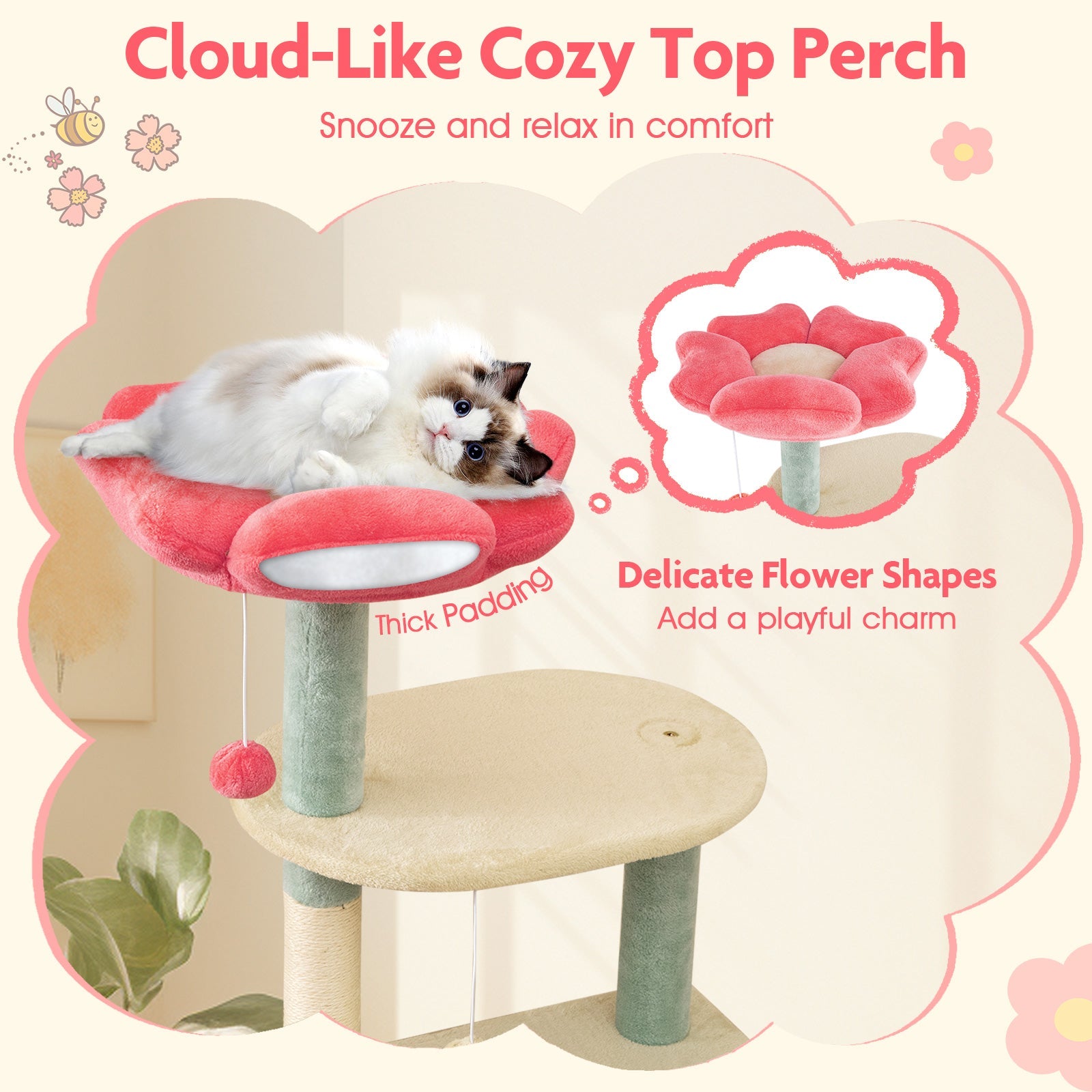 61 Inch Multi-Level Aesthetic Floral Kitten Tower with Flower-Shaped Padded Perch-Multicolor