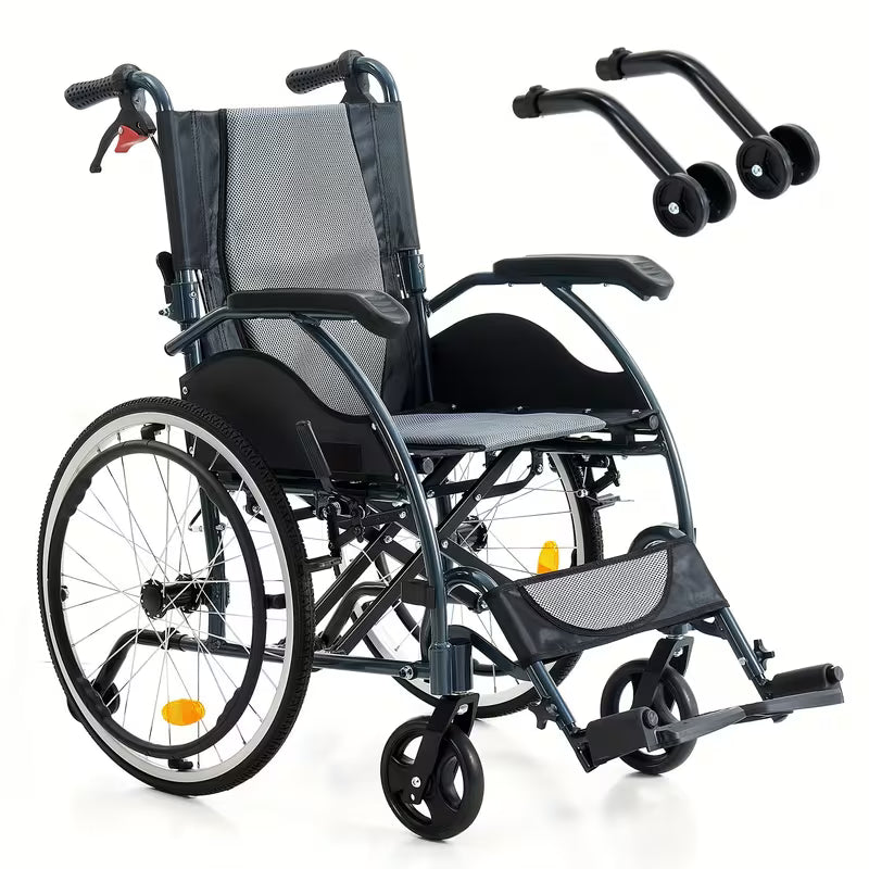 Aluminum Lightweigh Wheelchair for Adults, Only 25 lbs, with Anti-Tipping Device, High Strength Bracket, PU Wear-Resistant Shock-Absorbing Tires, Breathable Cushion