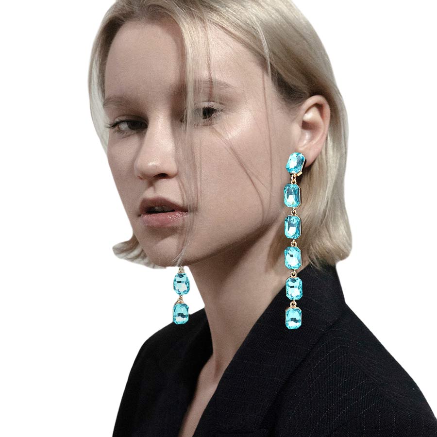 Emerald Cut Stone Link Dangle Evening Earrings
