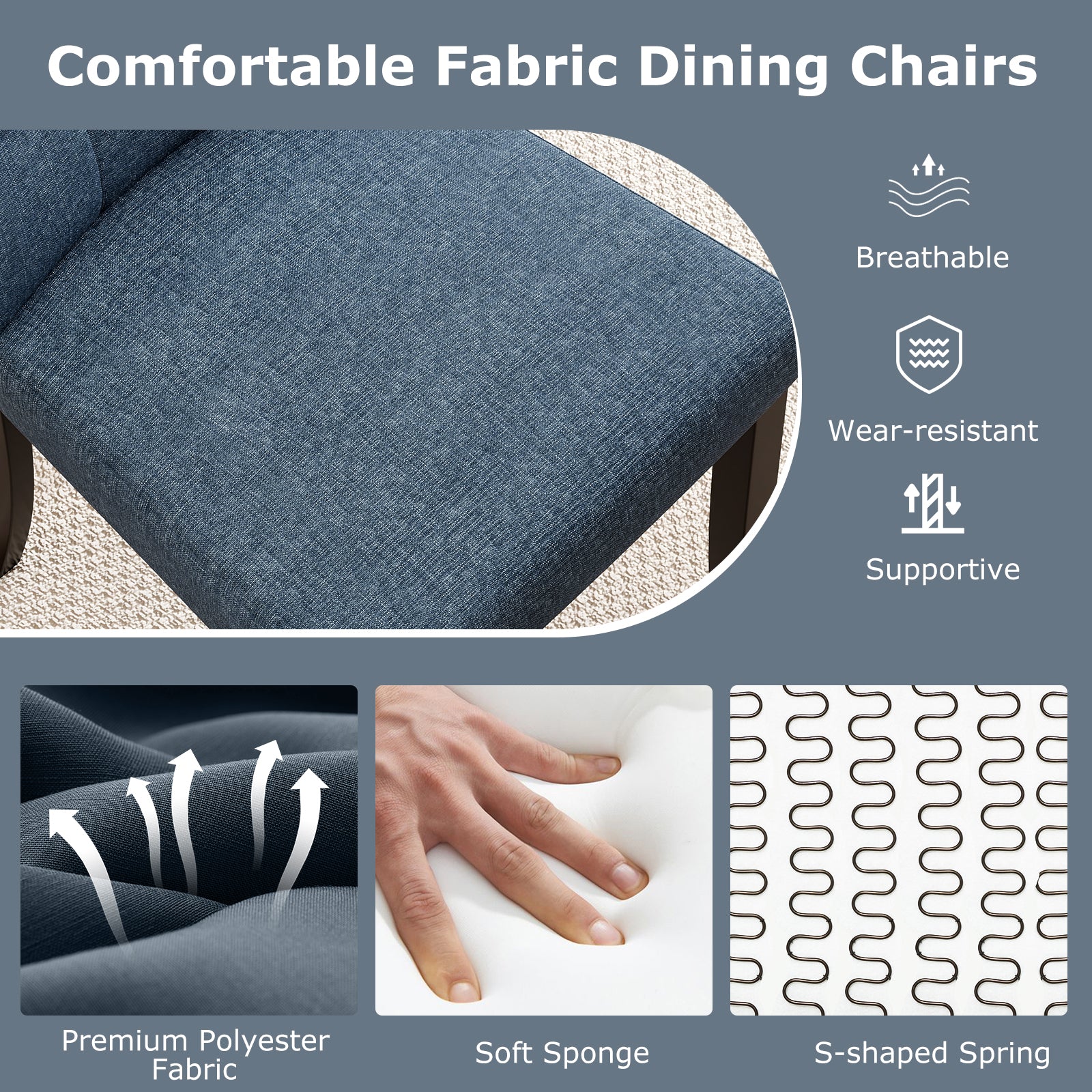 Set of 2 Tufted Dining Chairs Armless with Rubber Wood Legs-Dark Blue