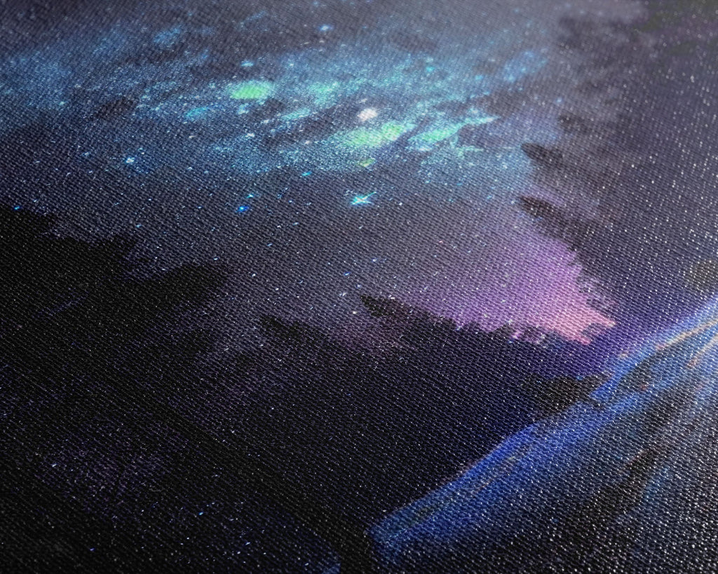 Starry Night Time Landscape, Milky Way Galaxy Art, Pine Tree Forest, Framed Canvas Print