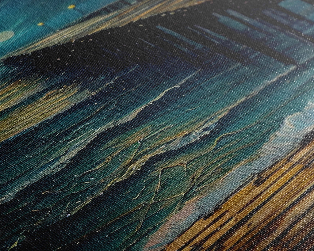 Van Gogh Starry Night Inspired, The Beach Boardwalk at Midnight, Framed Canvas Print, Unique Wall Art, Canvas Art, Living Room Decor