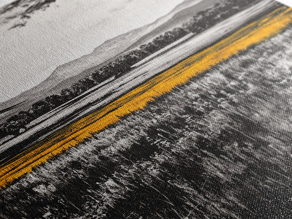 Golden Meadow, Black and White Landscape with Yellow Accents, Minimalist Nature Wall Art, Framed Canvas Print, Living Room or Office Decor