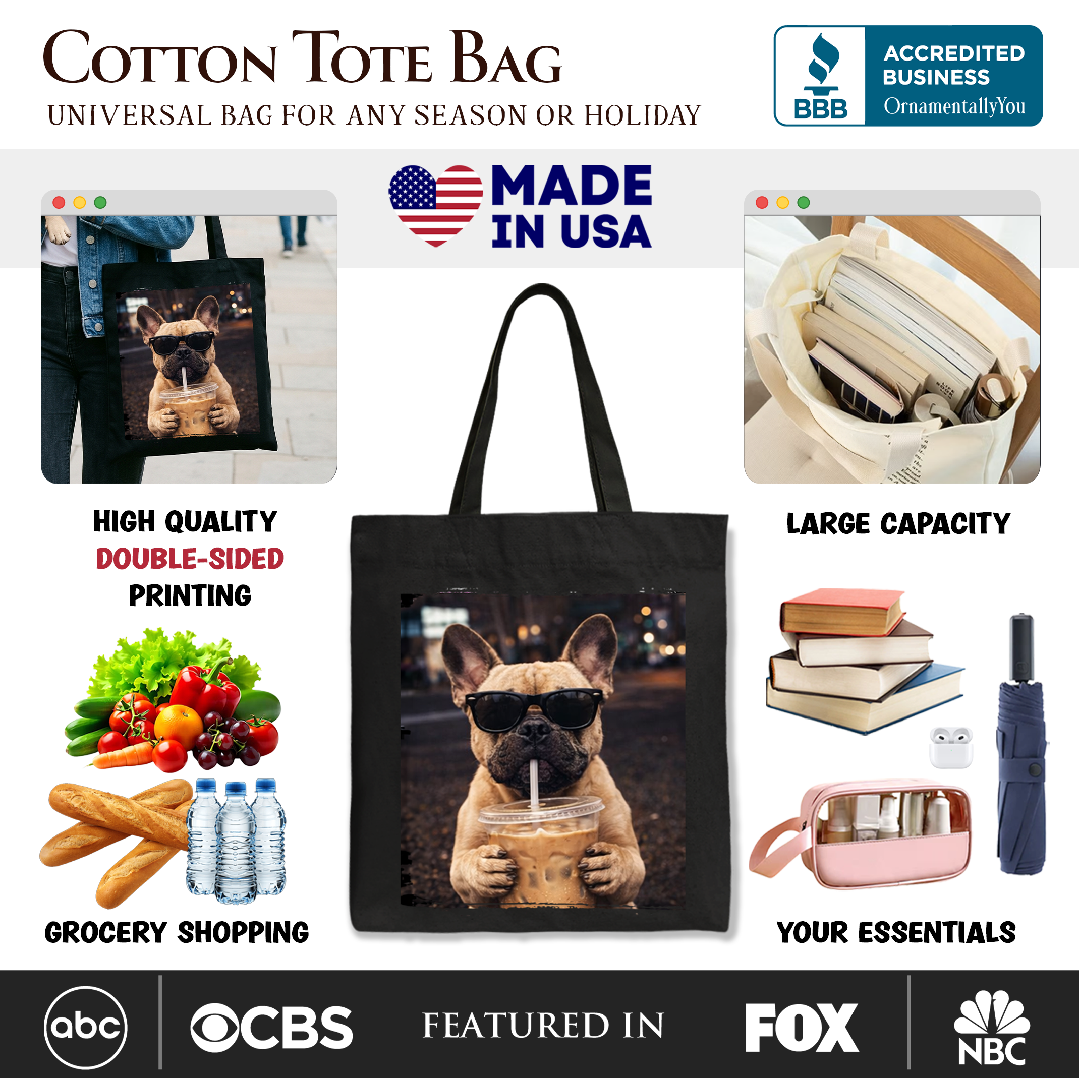 French Bulldog Iced Coffee Tote Bag, Funny Dog Parents Gift Shopper