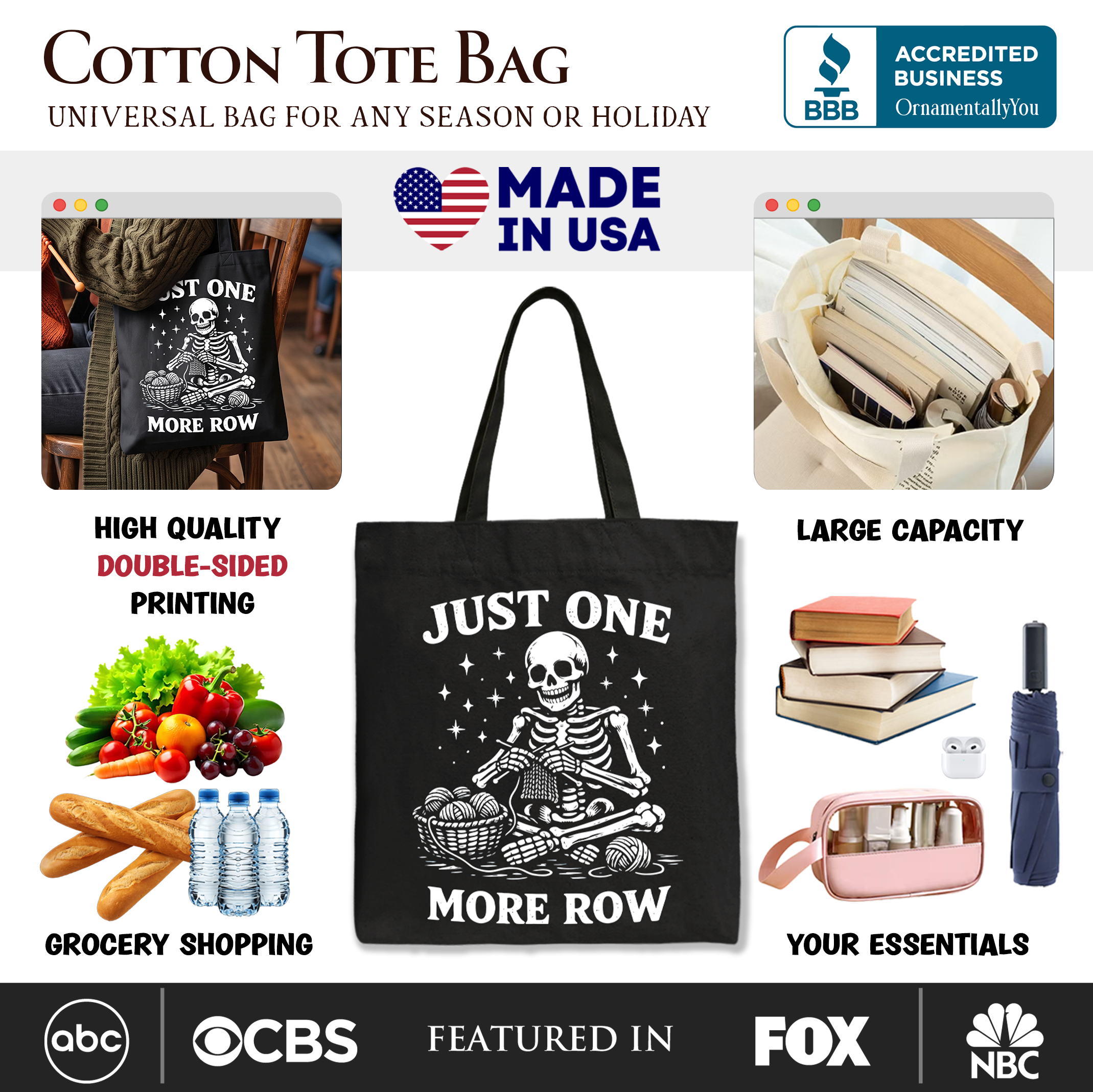 Funny Knitting Skeleton Tote Bag, Just One More Row Crafter Gift Shopper