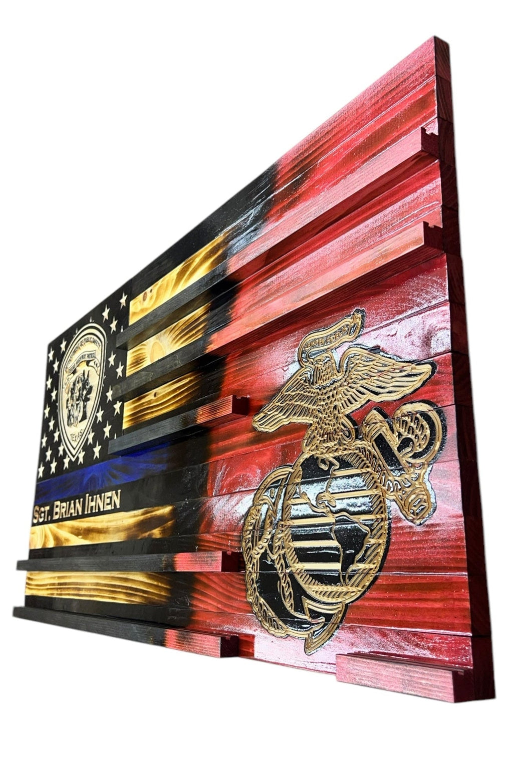 Custom Wooden Challenge Coin Display Flag with Engraved Badge